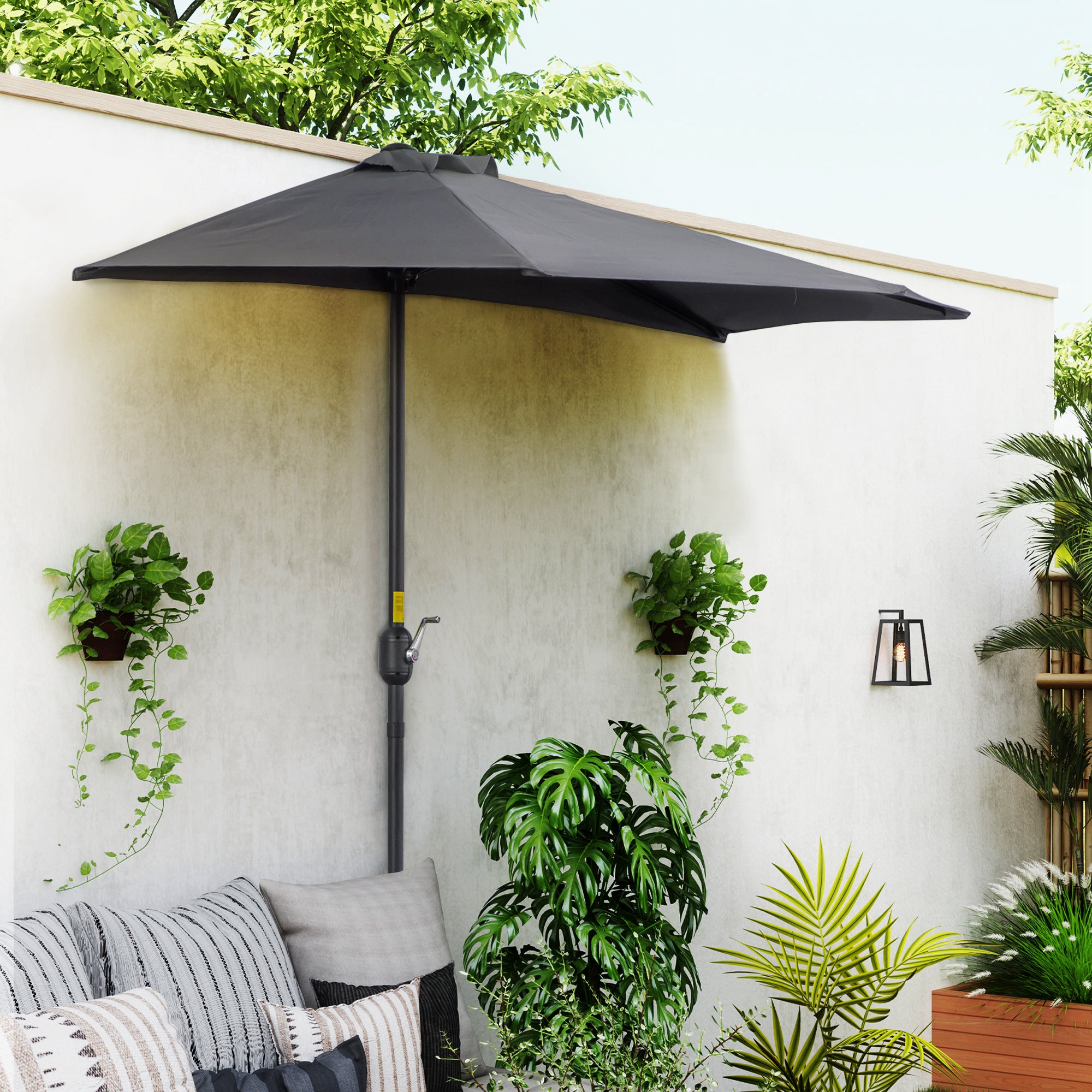 9ft Half Round Patio Umbrella, Outdoor Market Patio Table Umbrella Parasol with Crank Mechanism, 5 Ribs, Grey