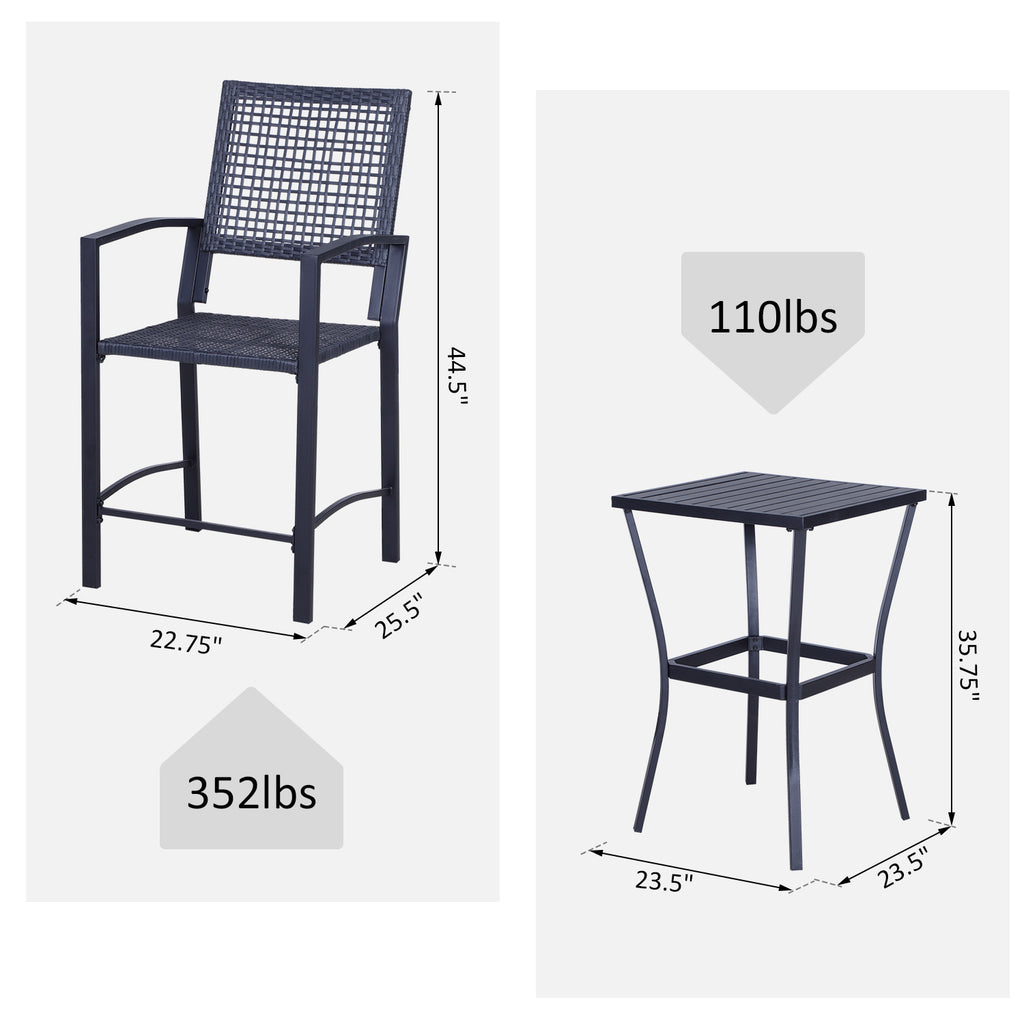 3 Pieces Outdoor Wicker Bar Set, Classic Bistro Bar Set Garden Rattan Style Patio Bar Table & High Chairs w/ Cushions Home Bar Furniture, Cream White