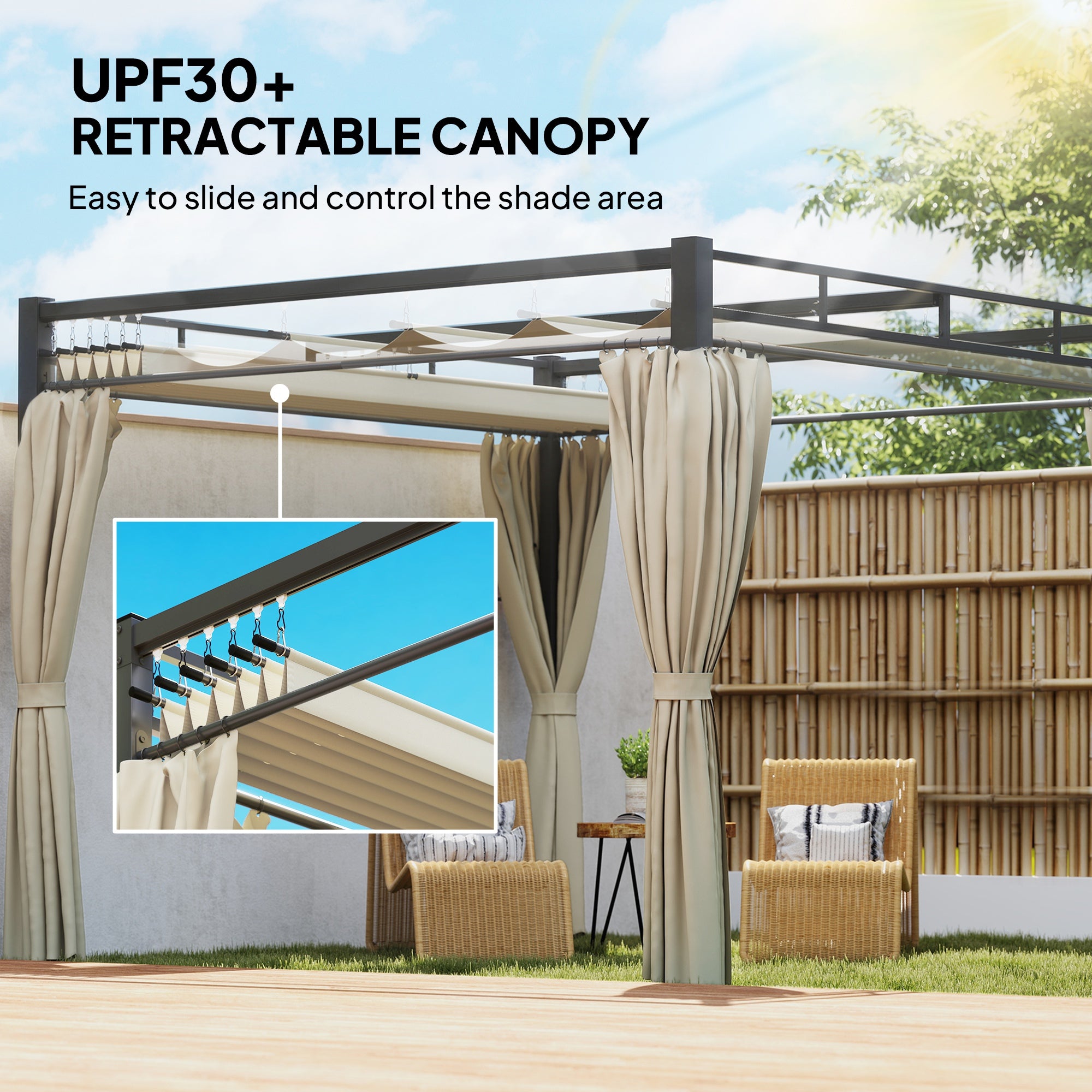10' x 10' Outdoor Gazebo, Retractable Pergola Canopy with Curtains, UPF30+ Free Standing Metal Pergola Kit, Beige