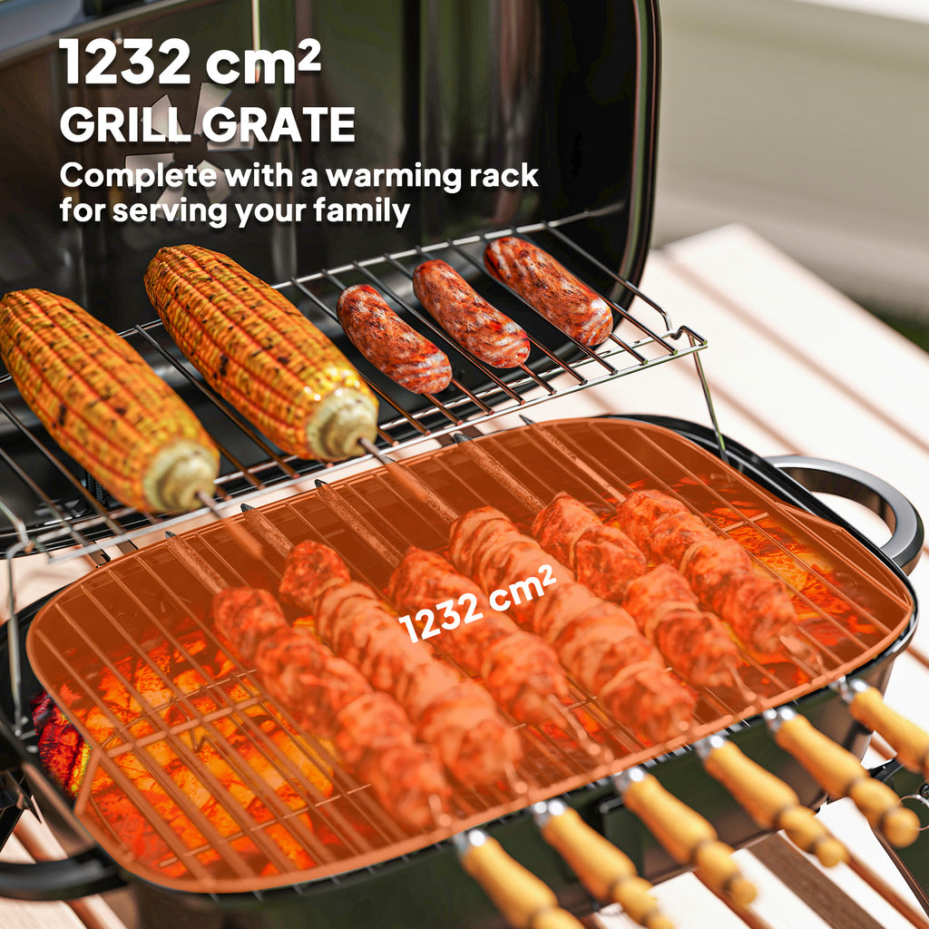 Charcoal BBQ Grill, Foldable Barbecue Grill with Warming Rack, Adjustable Vent, Thermometer, Handles, Black