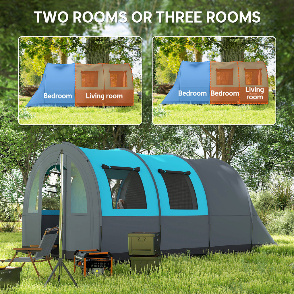 3 Person Camping Tent with Living Room and Bedroom, 3000mm Waterproof Tunnel Large Family Tent, Grey and Blue