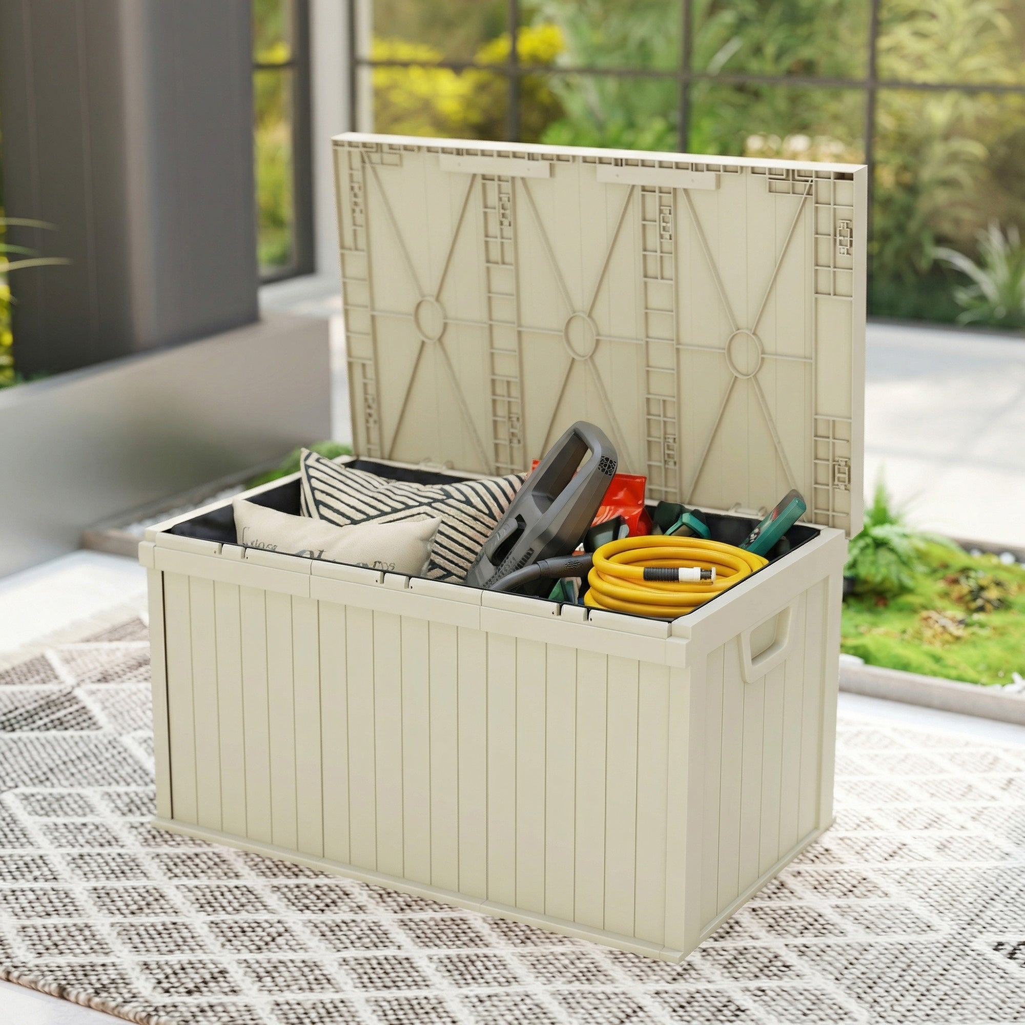 70 Gallon Deck Box, Resin Outdoor Storage Box with Handles, Waterproof Storage Container for Garden Tools, Sand