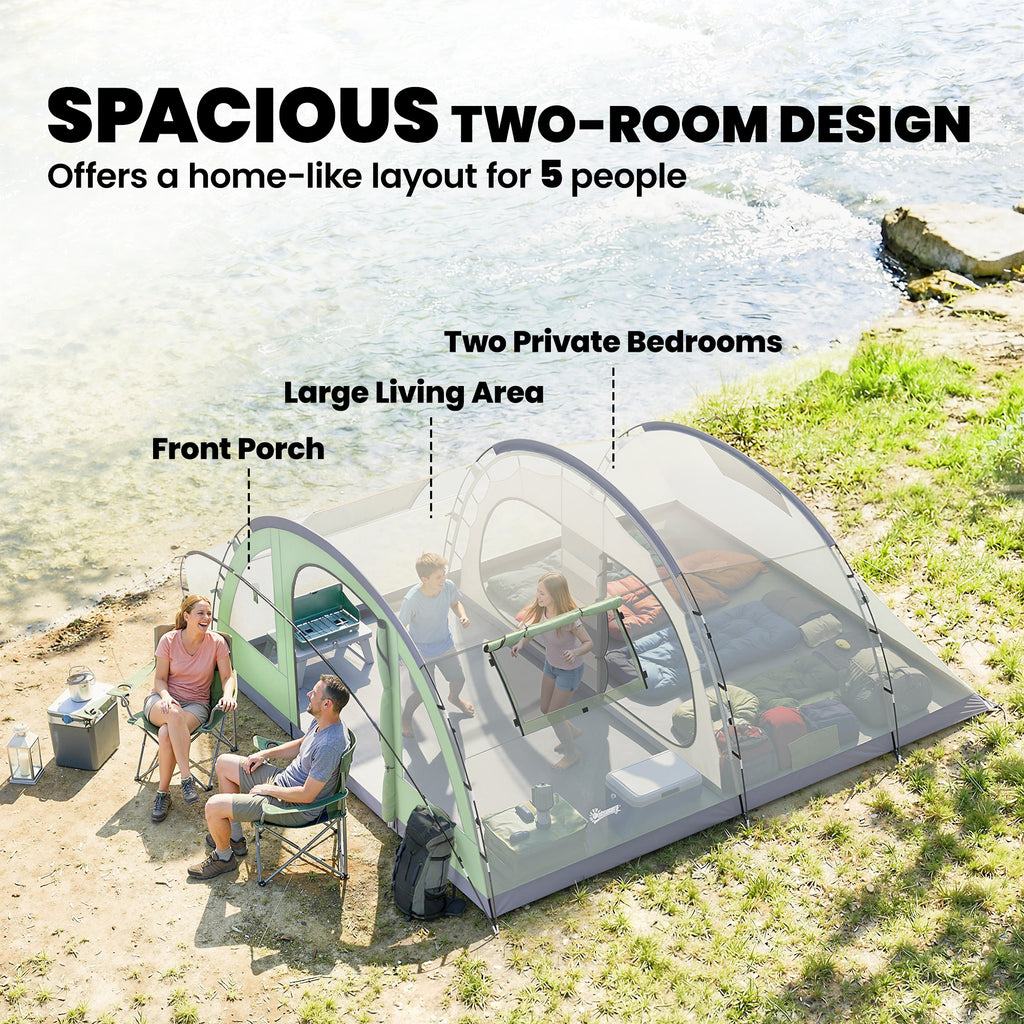 Multi-Room Camping Tent for 5 Person, Easy Set up Large Family Tent with 4 Windows, Porch, Light Green