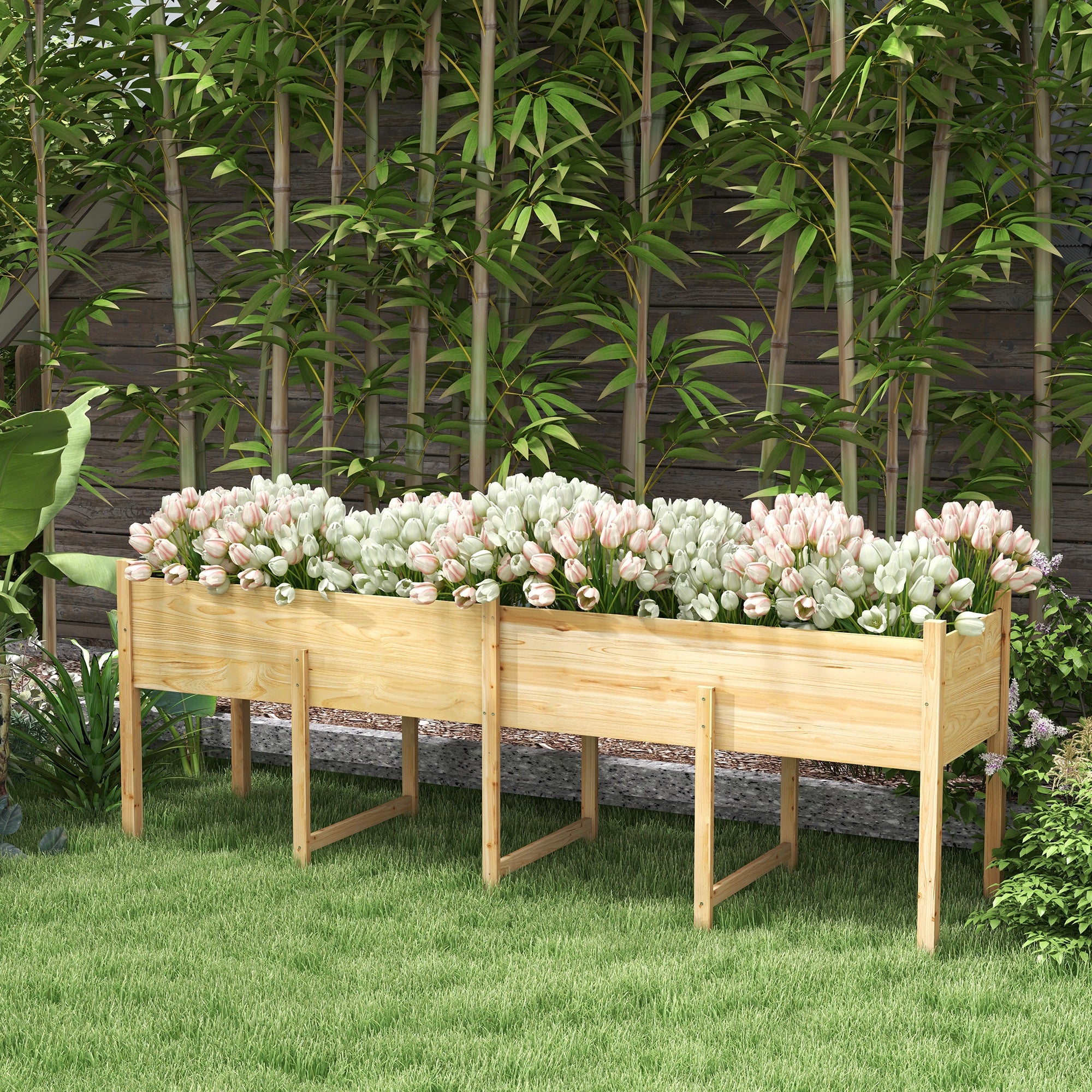 Wooden Raised Garden Bed Planter, Large Elevated Planter Box with Legs, Bed Liner and Drain Holes, 7.4' x 1.8' x 2.6'