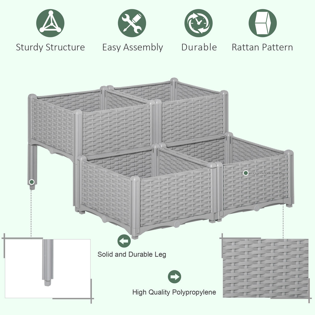 4-piece Raised Garden Bed PP Raised Flower Bed Vegetable Herb Grow Box Stand Grey