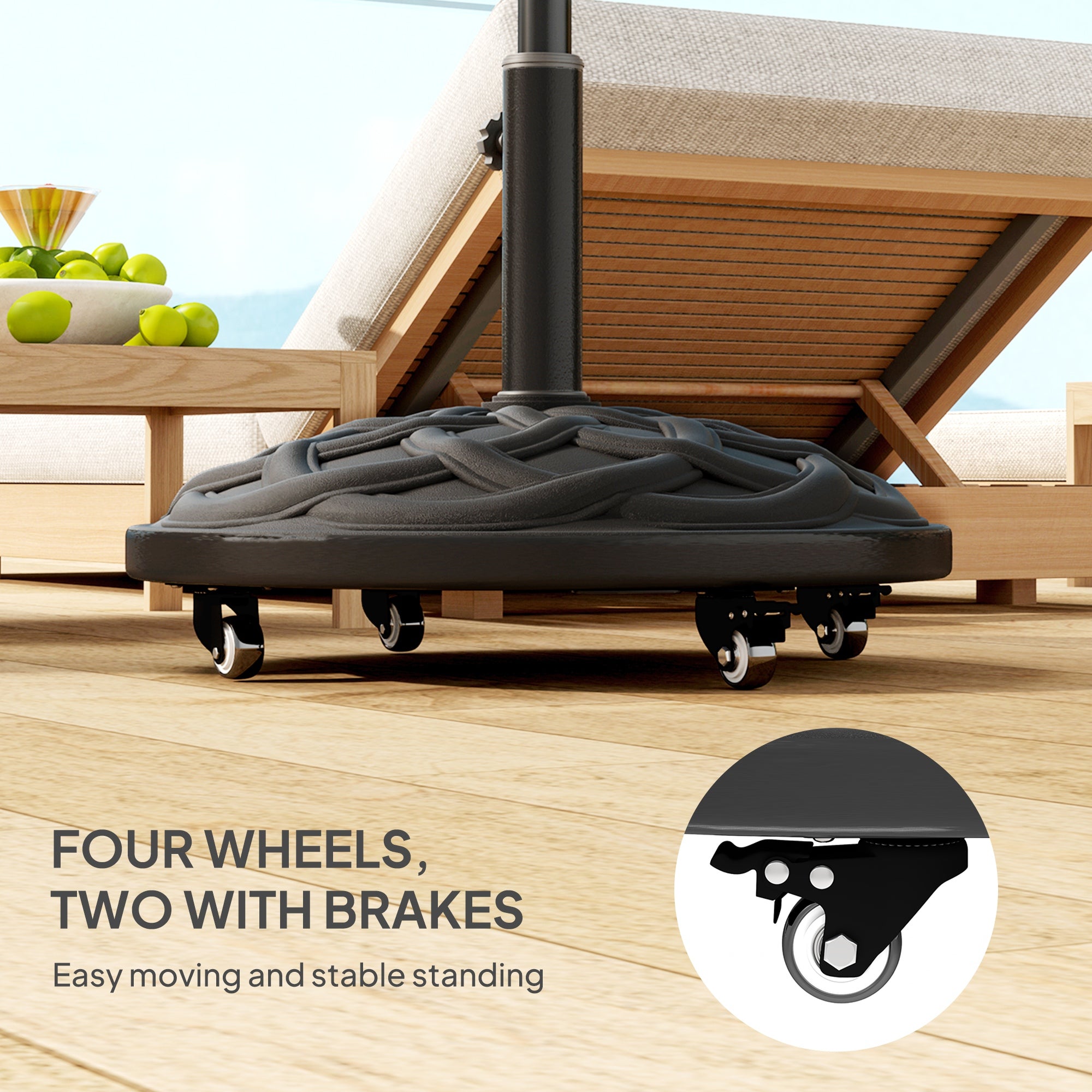 Round Patio Umbrella Base with Wheels, 44 lbs Resin Umbrella Stand Base, 1.3"/1.5"/1.9" Umbrella Poles Black