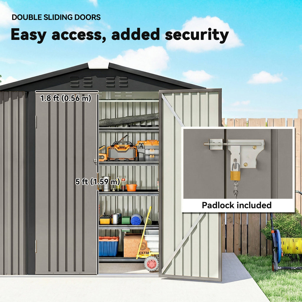 6.5' x 4'  Outdoor Storage Shed, Metal Garden Shed with Lockable Double Doors, 4 Vents, Light Grey