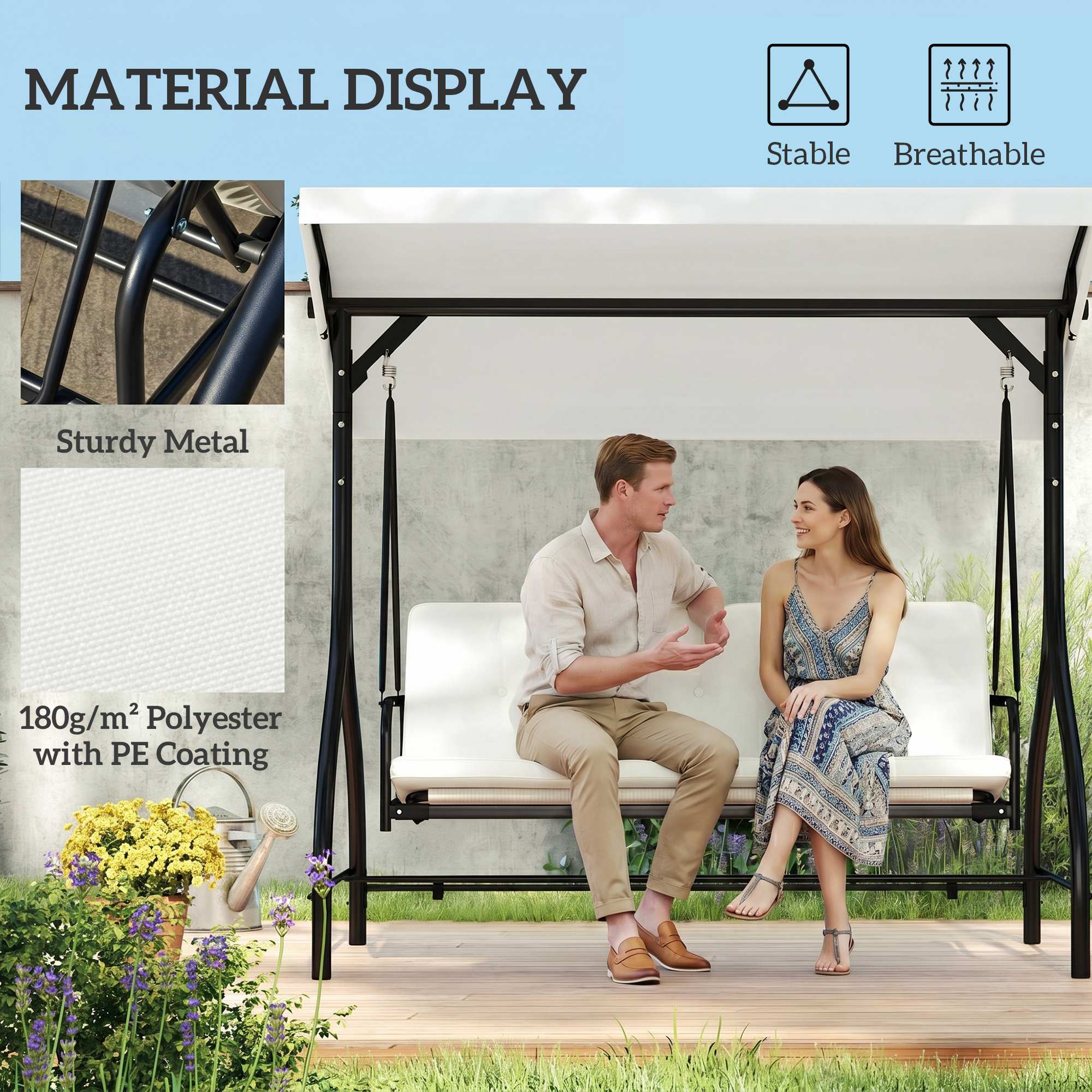 Convertible Patio Swing Bed with Canopy and Cushions, 3 Seater Porch Swing for Outdoor, Backyard, Garden, Cream White
