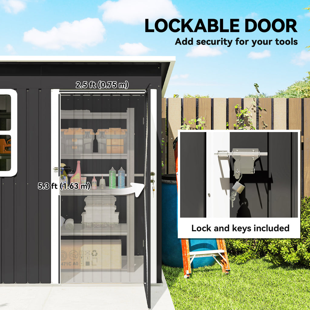 7' x 4' Galvanised Steel Outdoor Storage Shed, Garden Shed with Window, Lockable Wide Door and Air Vents, Dark Grey
