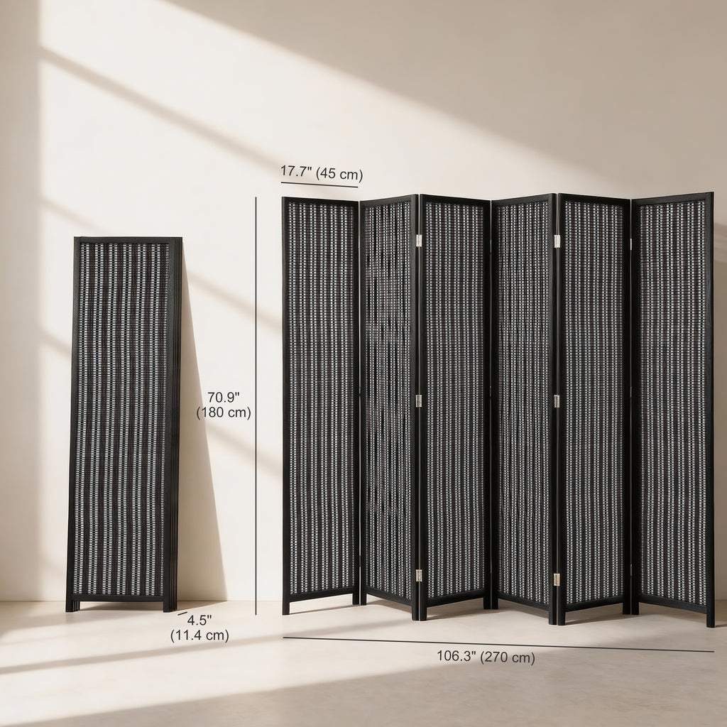 Folding Privacy Screen, 6 Panel Room Divider, Freestanding Partition with Handwoven Bamboo and Pine Wood Frame, Black
