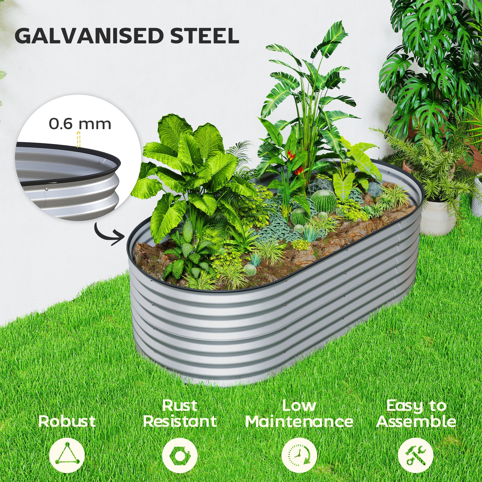 5 x 2.5 x 2 ft Galvanized Raised Garden Bed, Easy DIY Oval Planter Box with Safety Edging and Gloves, Silver