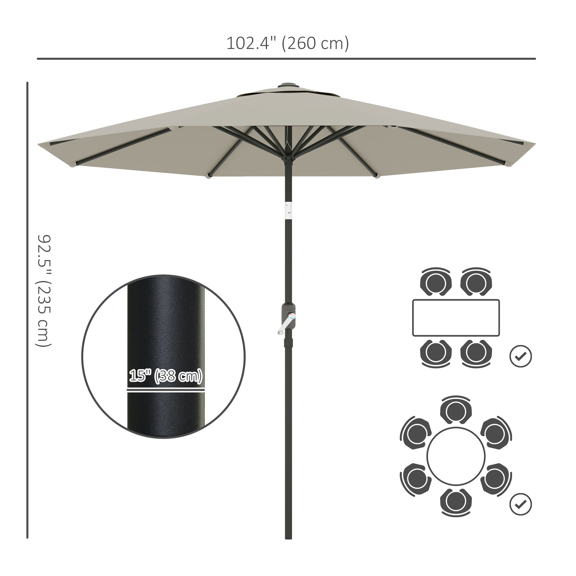 Aluminum Patio Umbrella, Garden Outdoor Parasol, Sun Shelter, 8.5ft, Light Grey
