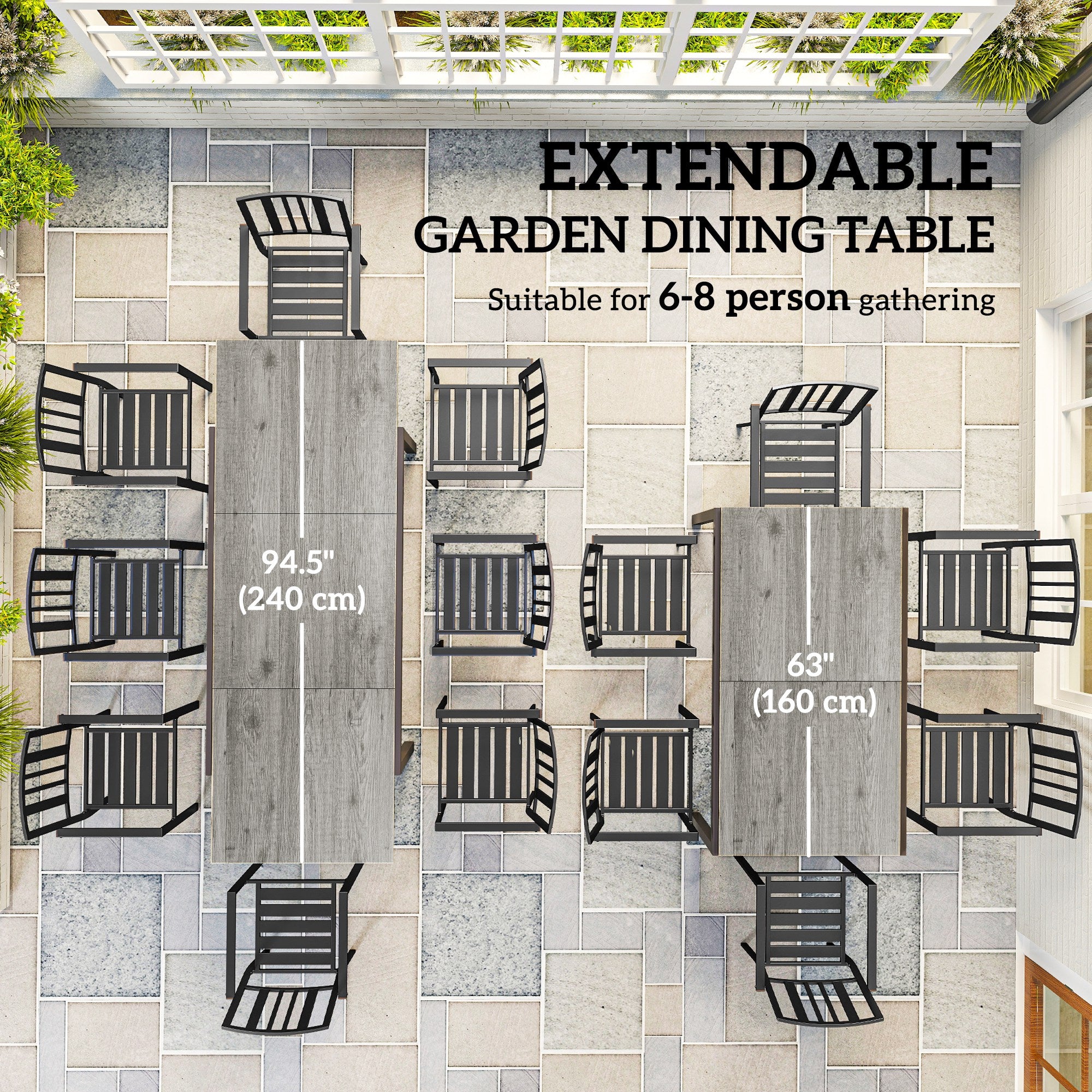 63"-94.5" Extendable Patio Dining Table for 6-8 Person, Outdoor Dining Table with Aluminium Edging, Steel Frame, Grey