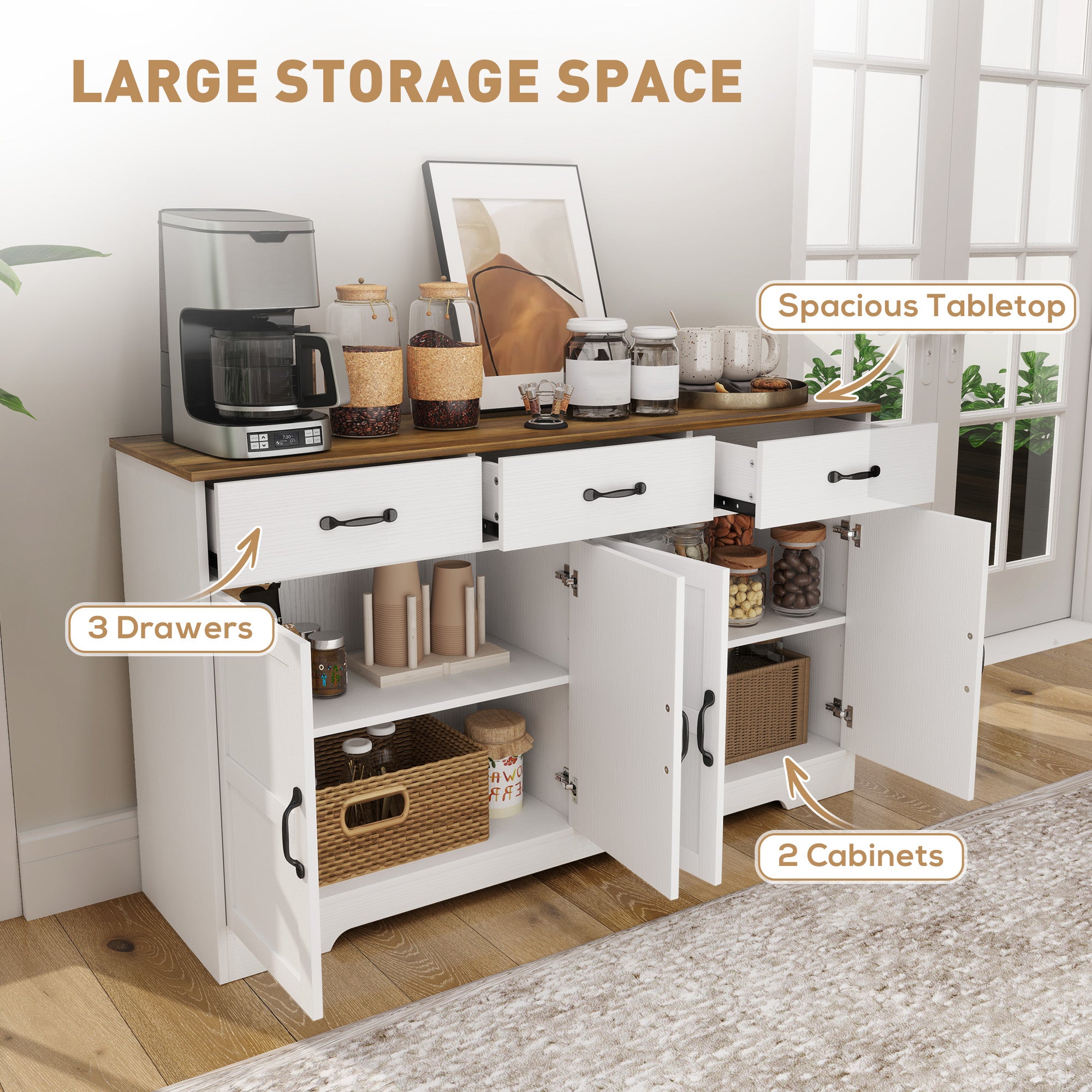 Sideboard Buffet Cabinet with Storage, Modern Coffee Bar Cabinet with 3 Drawers and Adjustable Shelves, Distressed White
