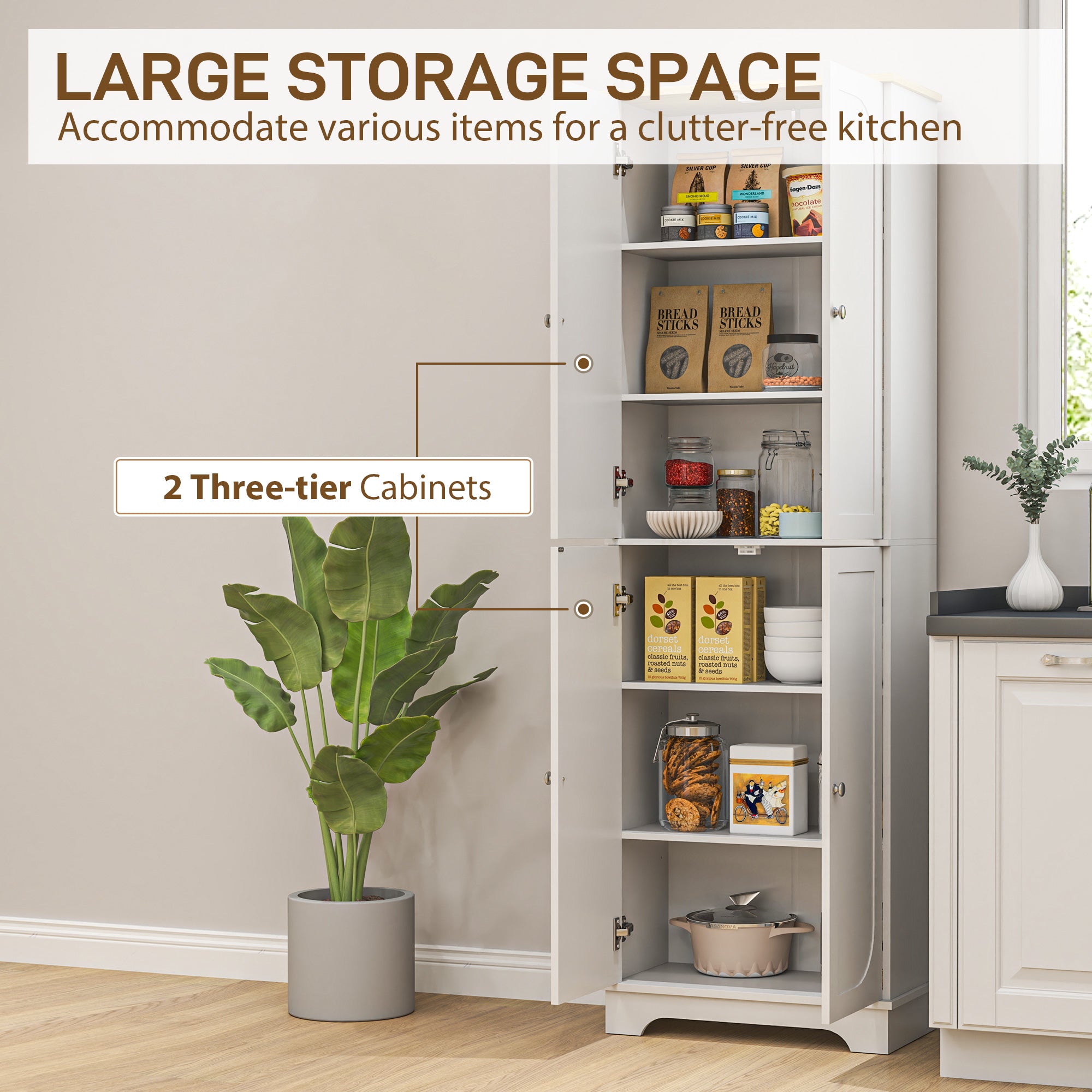 72" Tall Pantry Cabinet, Kitchen Pantry Cabinet with Adjustable Shelves, Storage Cabinet with 4 Doors, White
