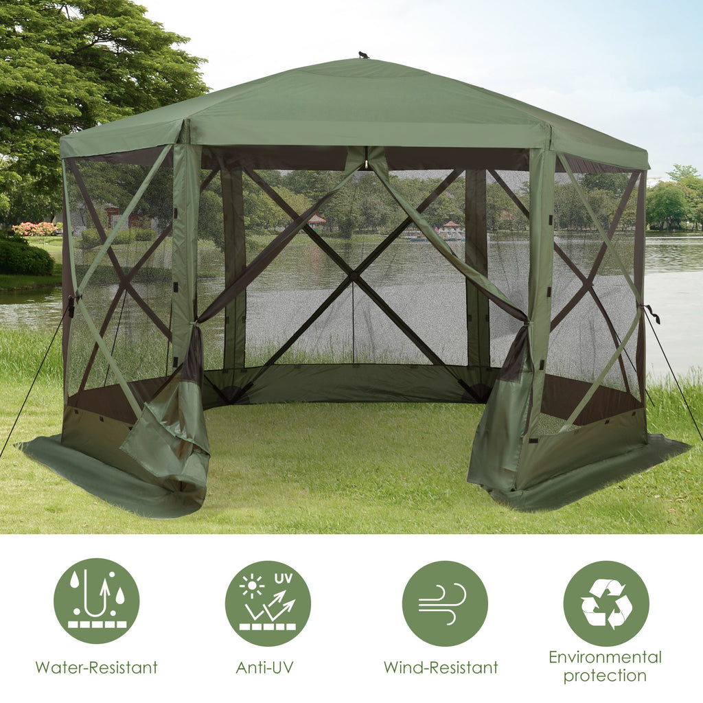 12' x 12' Hexagon Automatic Pop Up Screen Tents Camping Shelter Picnic Canopy Outdoor Sun Shade with Mesh Sidewalls and Carry Bag, Green