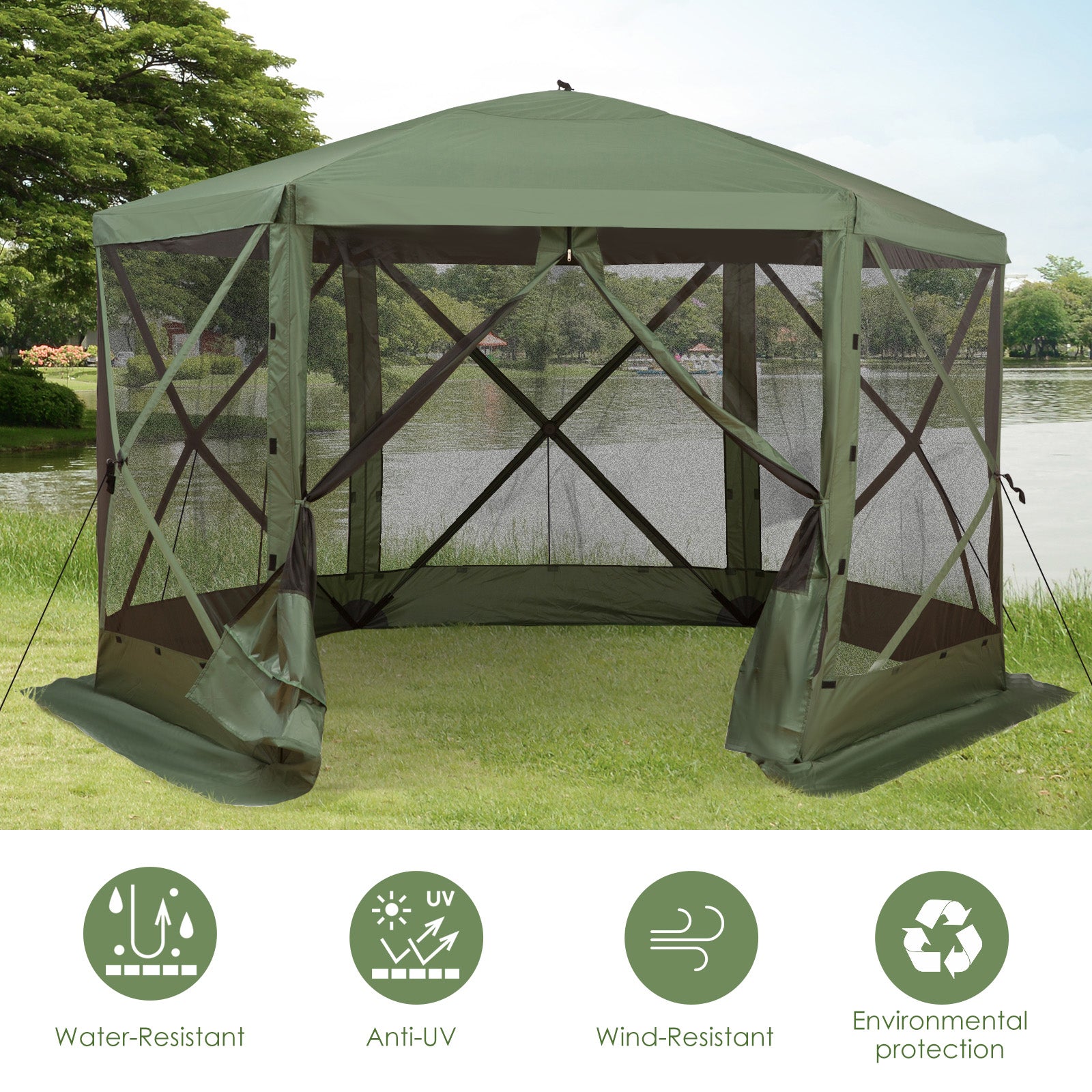 12' x 12' Hexagon Automatic Pop Up Screen Tents Camping Shelter Picnic Canopy Outdoor Sun Shade with Mesh Sidewalls and Carry Bag, Green