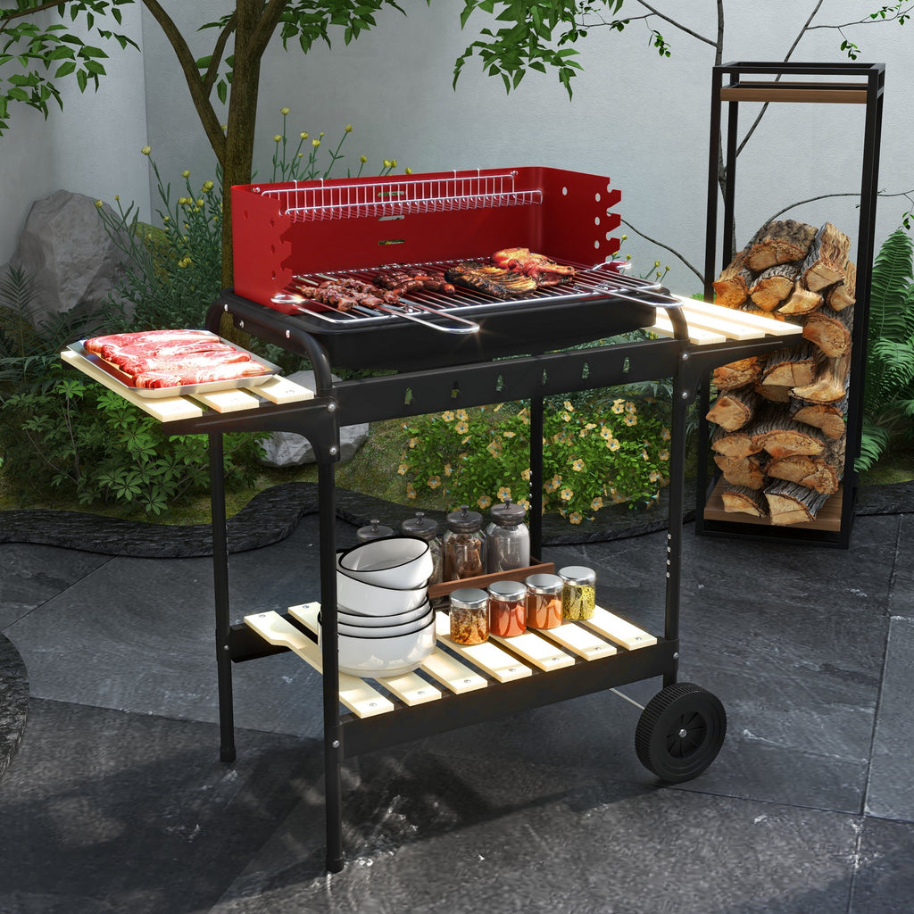 Charcoal Barbecue Grill with Adjustable Grill Height, Portable BBQ Trolley with Ash Catcher and Wheels, Red