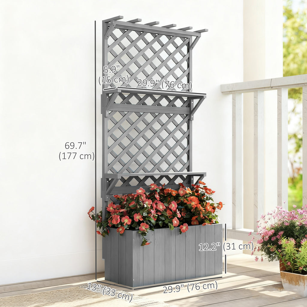 Raised Garden Bed, Wooden Planter with Trellis, Hanging Roof, Plant Shelf, Drainage Holes and Bed Liner, Grey