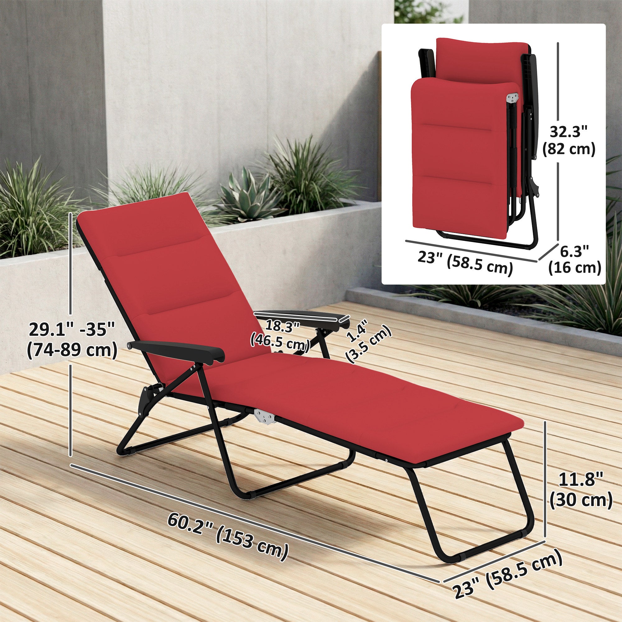 Foldable Lounge Chair, Reclining Patio Sun Lounger with 6-Position Adjustable Back, Wine Red
