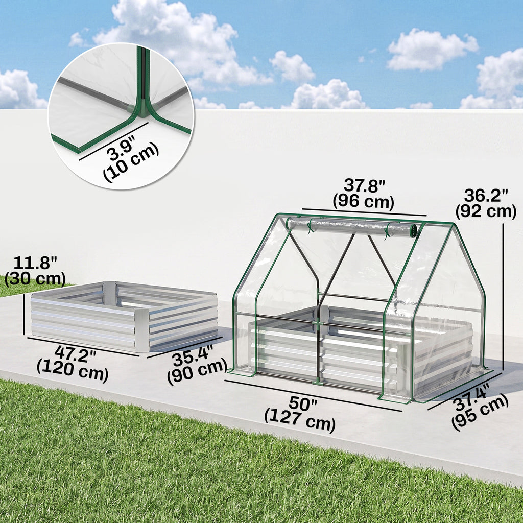 Steel Raised Garden Bed with Cover and Roll Up Door, Dual Use, 50"x37.4" Outdoor Greenhouse, Clear