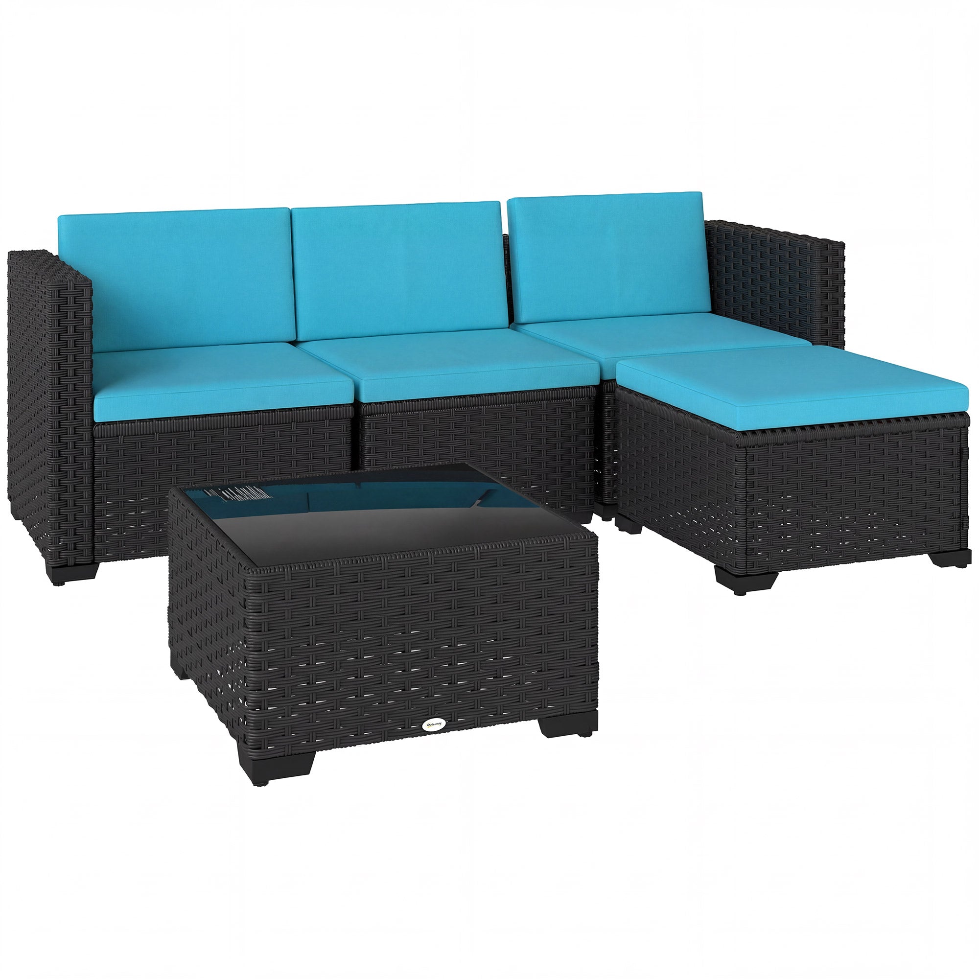 5 Piece Patio Furniture Set, L-Shape Wicker Outdoor Sectional with 3 Chairs, Ottoman, Glass Table, Cushions, Turquoise