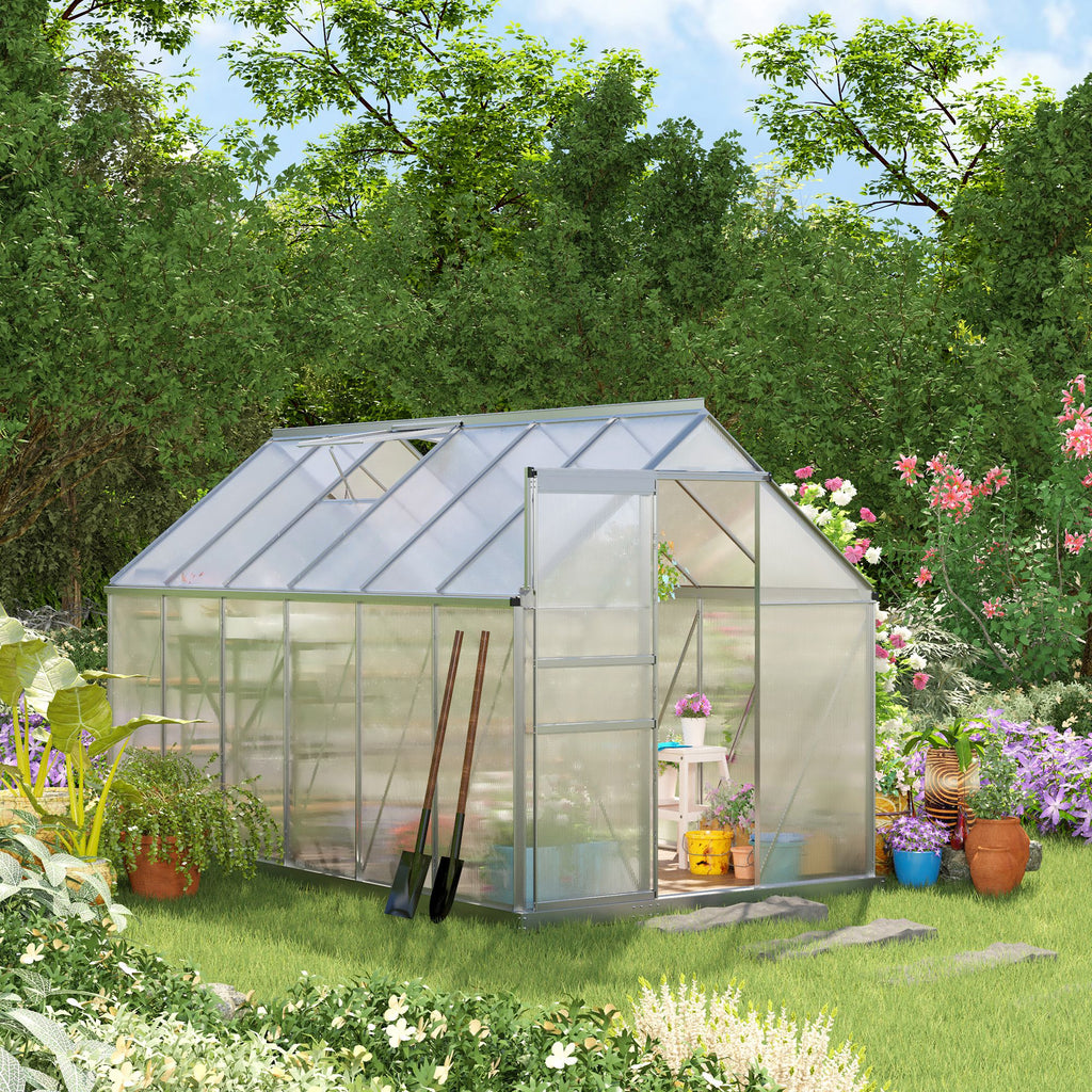 6' x 12' x 6.5' Walk-in Greenhouse, Polycarbonate Greenhouse with Adjustable Roof Vent, Base, Sliding Door, Clear