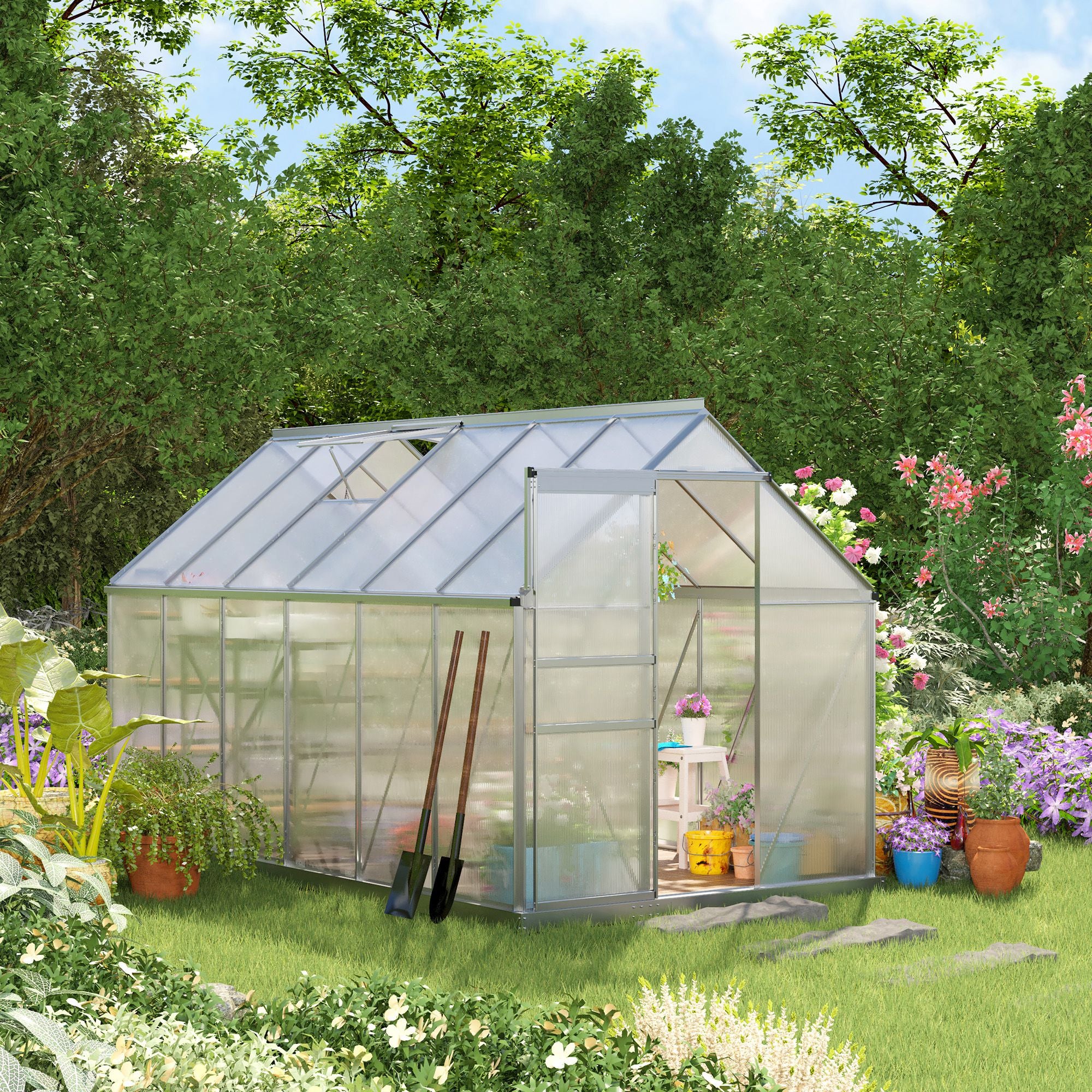 6' x 12' x 6.5' Walk-in Greenhouse, Polycarbonate Greenhouse with Adjustable Roof Vent, Base, Sliding Door, Clear