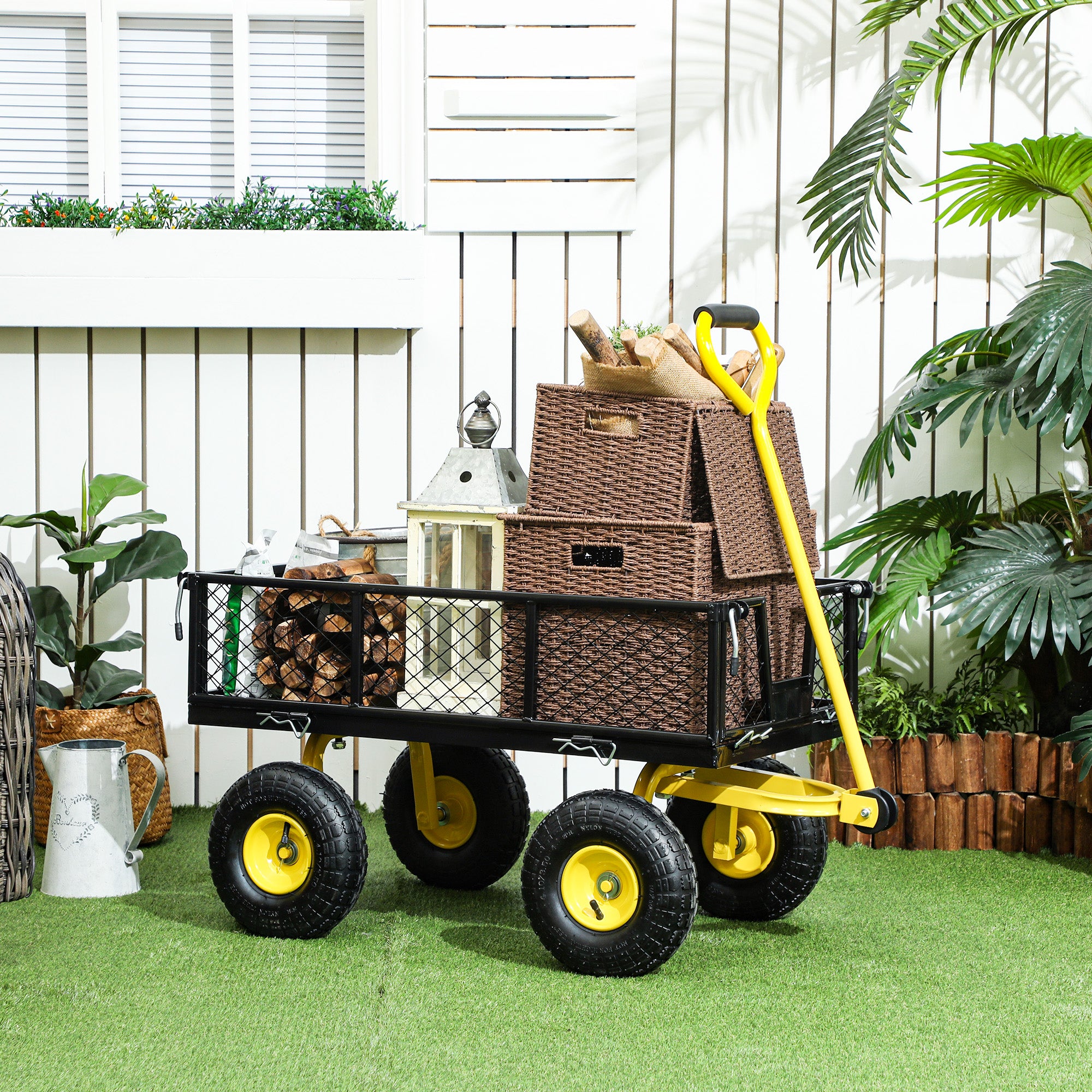 Steel Garden Cart, Utility Wagon with Removable Sides, 10" Wheels, 180Â° Rotating Handle, 440lbs Capatity