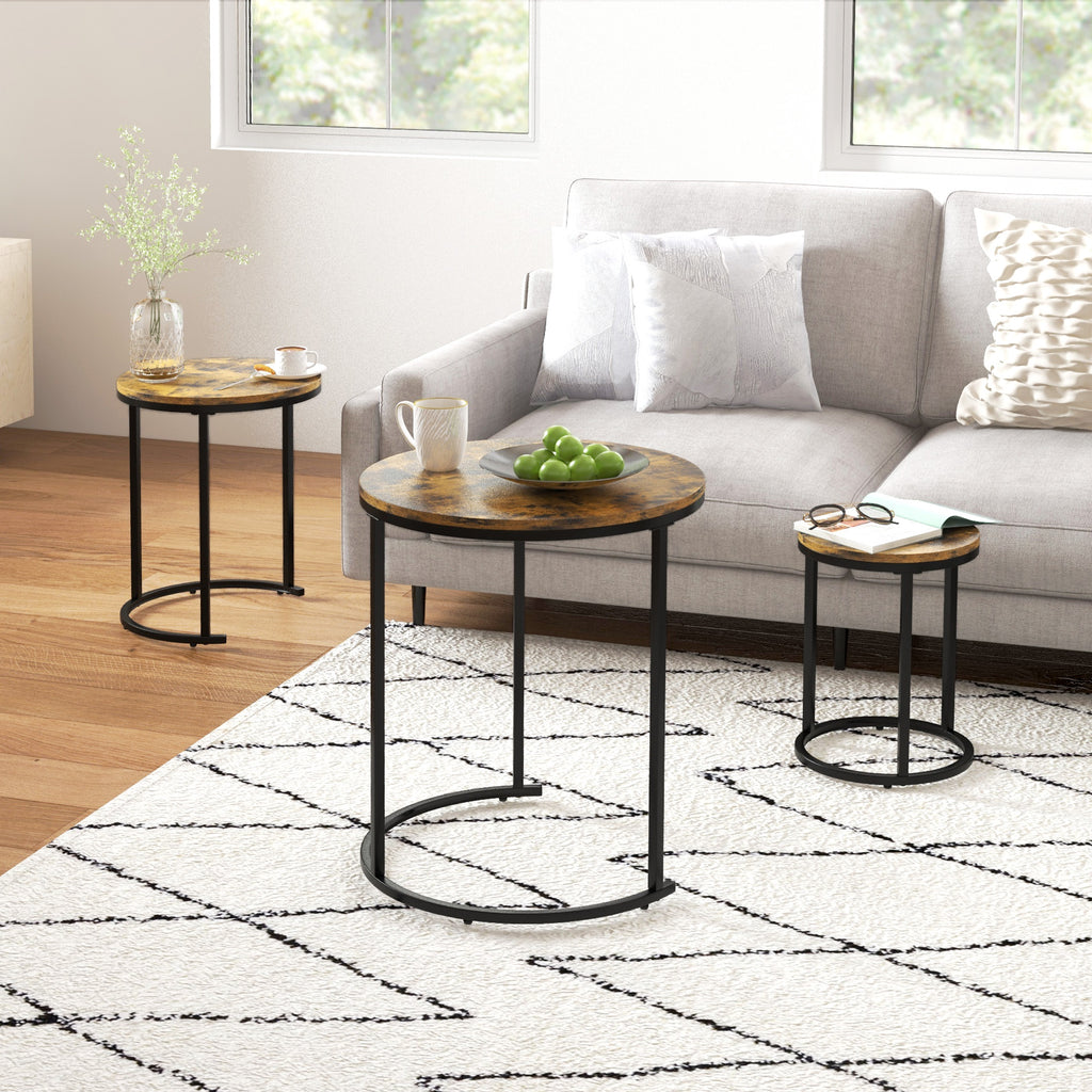 Nesting Coffee Tables Set of 3, Stacking Round Side Tables with Steel Frame for Living Room, Rustic Brown