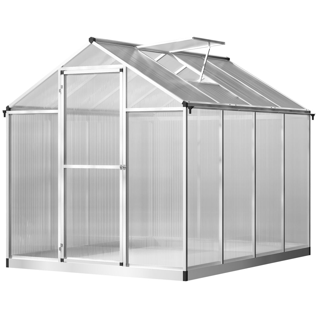 6' x 8' x 6.4' Polycarbonate Greenhouse, Aluminum Walk-In Green House Kit Garden, Plants Grow with Rain Gutter and Roof Vent, Silver