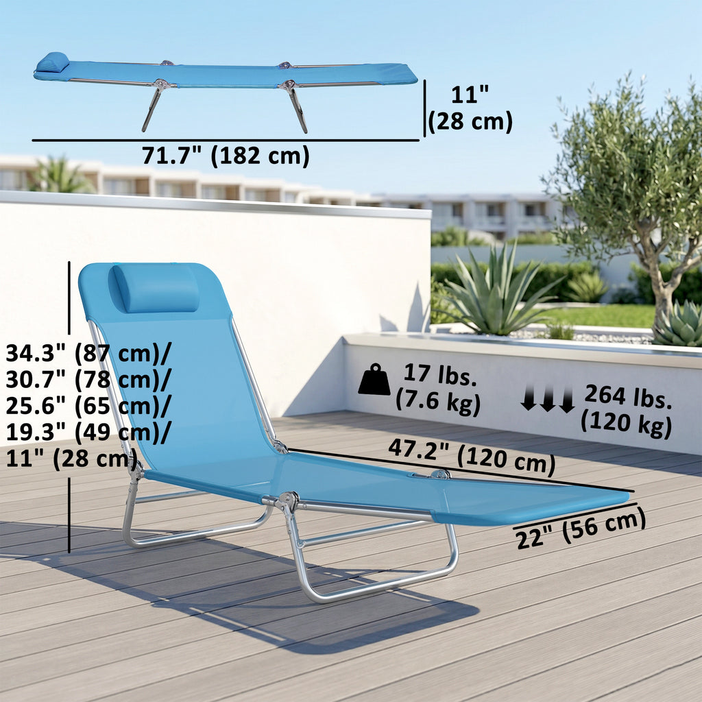 Set of 2 Folding Chaise Lounge Chairs, Outdoor Poolside Sun Tanning Chairs w/ Pillow, Reclining Backrest, Blue