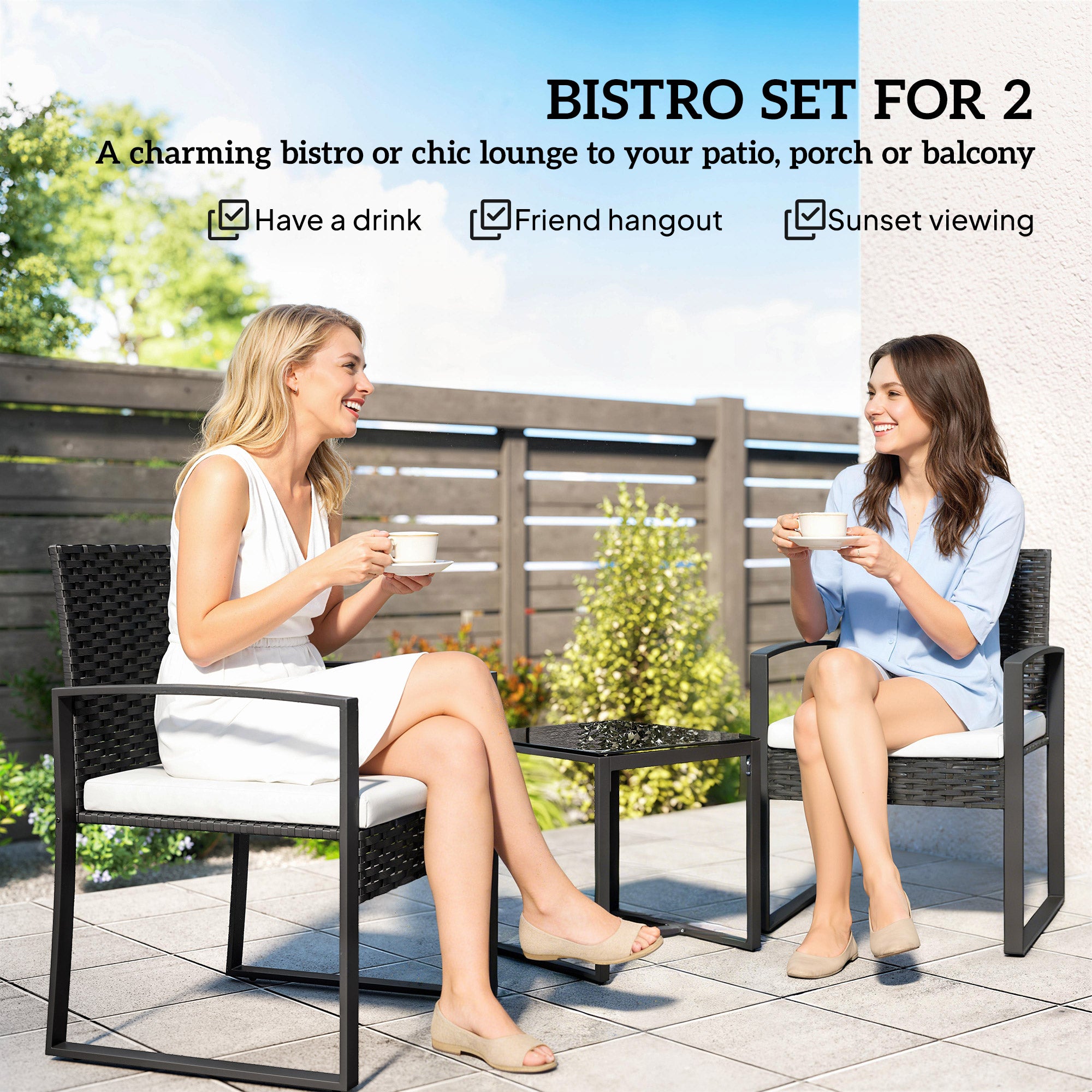 Outdoor Bistro Set, 3 Piece Wicker Patio Furniture Set with Glass Top Table and Cushions for Porch, Balcony, Cream White