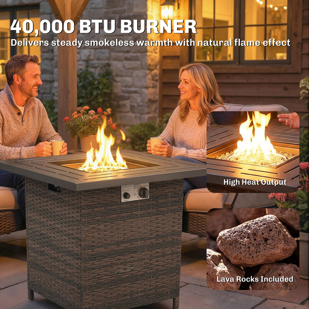Propane Fire Pit Table, 28 Inch 40,000 BTU Square Rattan Fire Table with Lava Rock, Pulse-Ignition Wicker Gas Fire Pit
