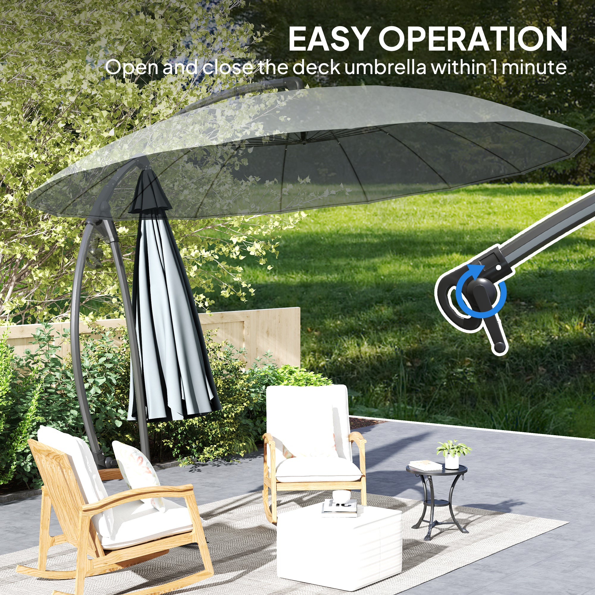 9FT Cantilever Umbrella with 16 Fibreglass Ribs, Offset Hanging Umbrella, Patio Umbrella with Crank and Cross Base, Grey