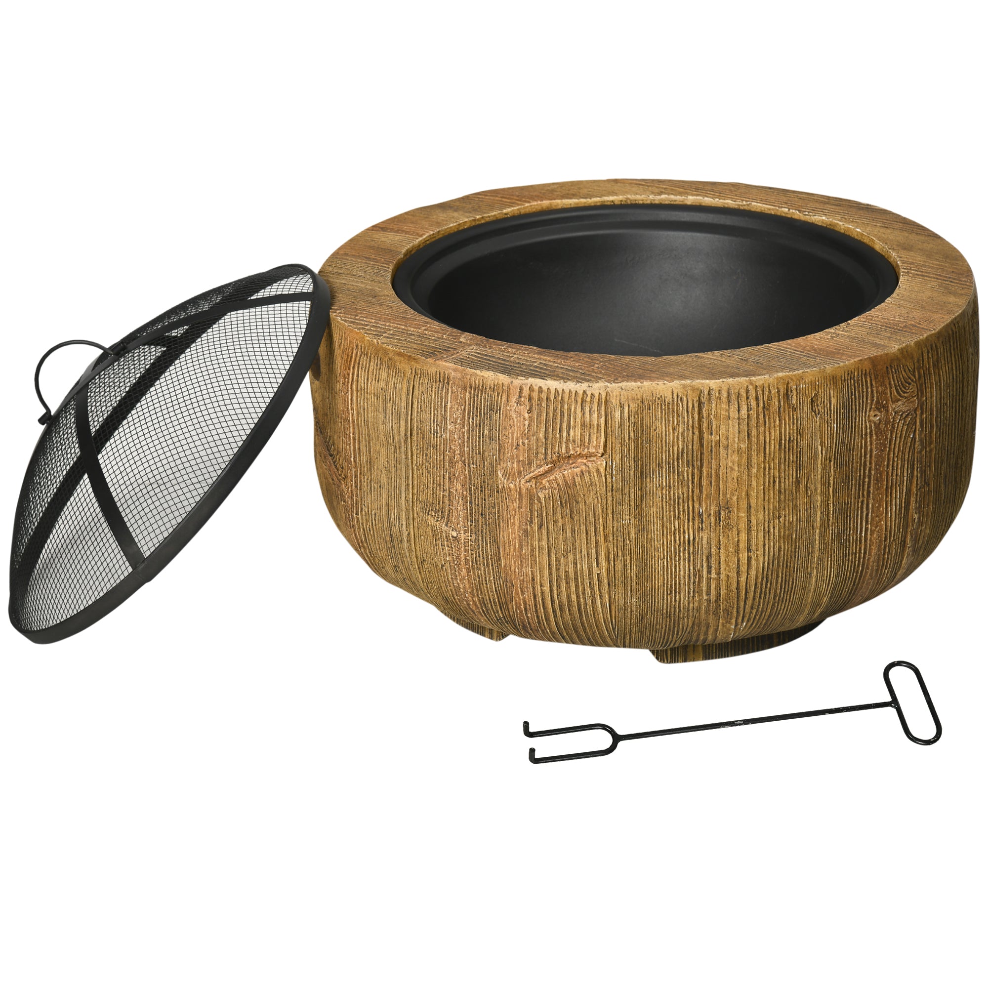 Outdoor Fire Pit, 24 Inch Metal Wood Burning Fireplace with Spark Cover, Poker, Woodgrain Design, Light Brown