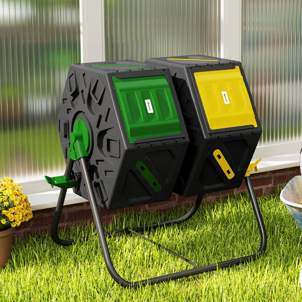 Rotating Composter, Dual Chamber Compost Bin with 24 Vents and Steel Legs, 34.5 Gallon, Yellow and Green