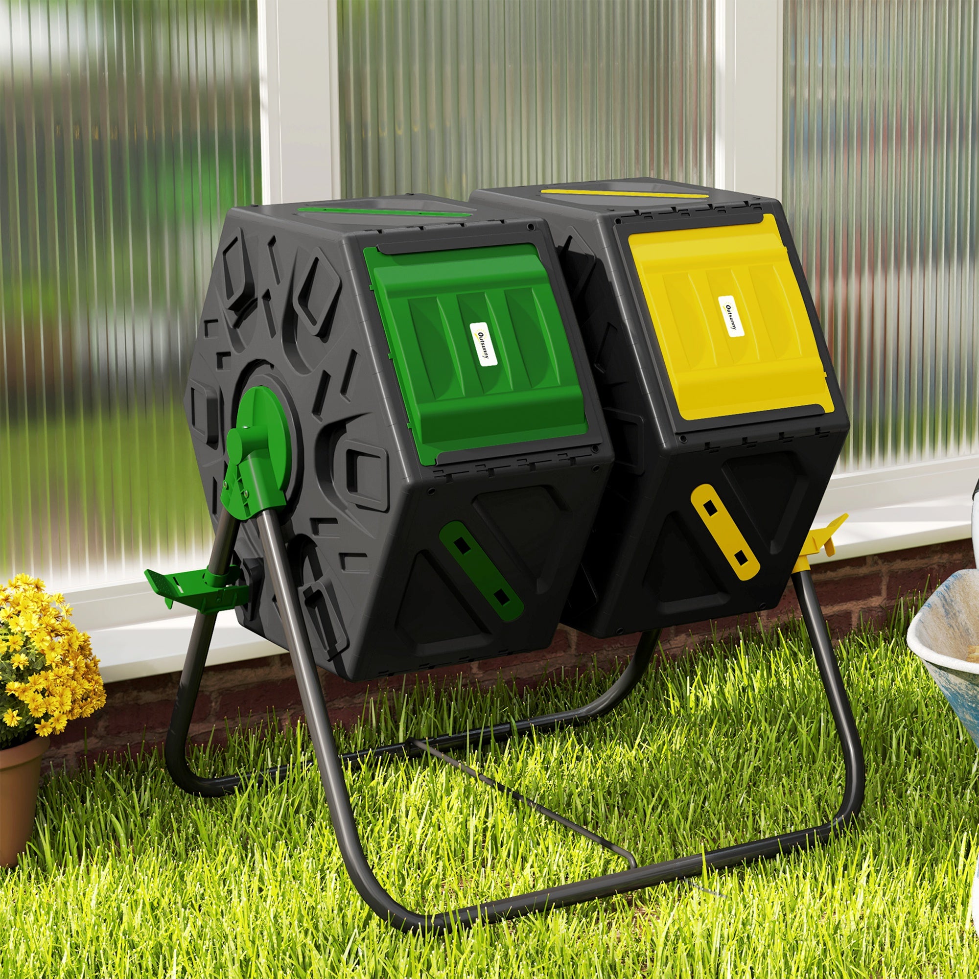 Rotating Composter, Dual Chamber Compost Bin with 24 Vents and Steel Legs, 34.5 Gallon, Yellow and Green