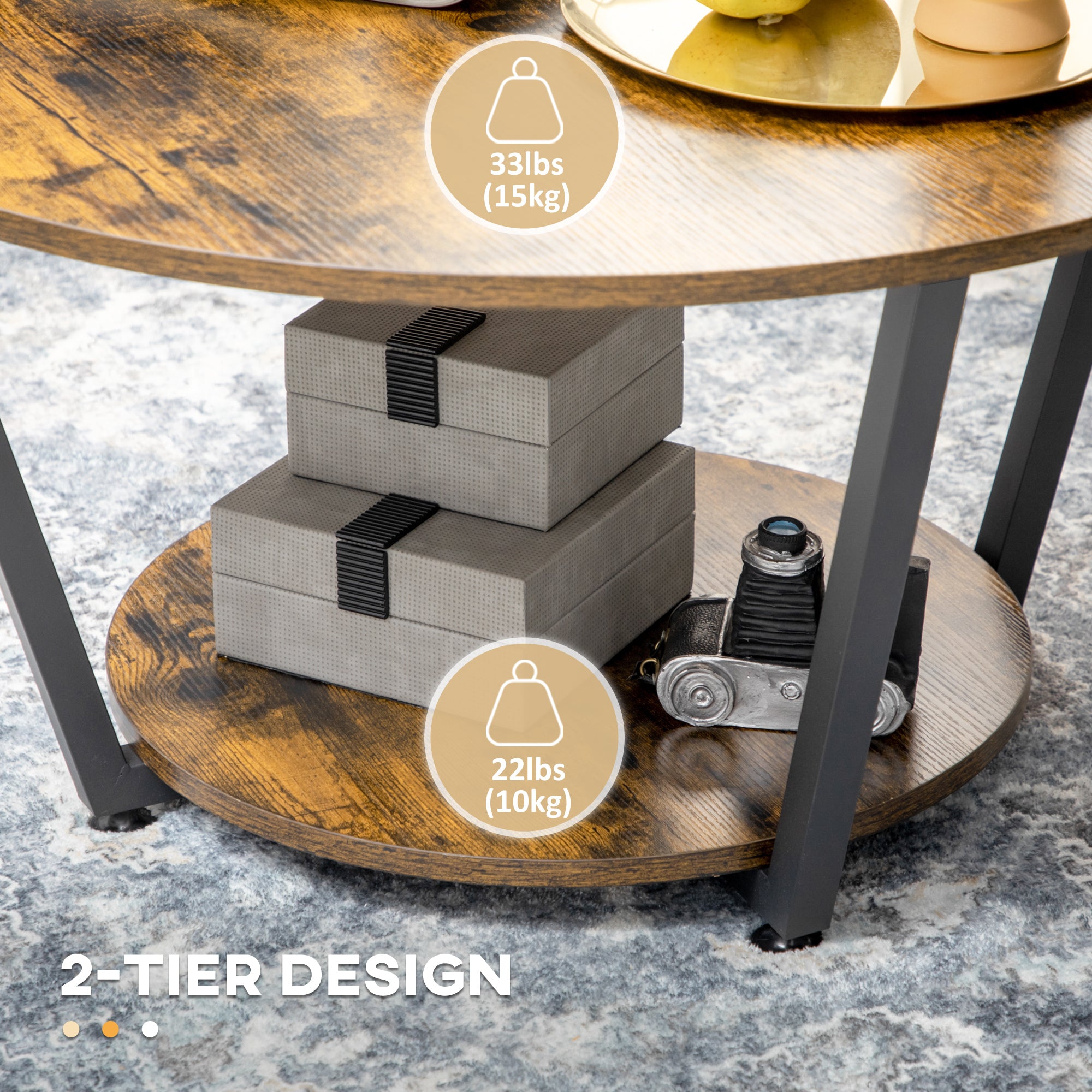 2-Tier Round Coffee Table with Storage Shelf, Industrial Center Table with Steel Frame for Living Room, Rustic Brown