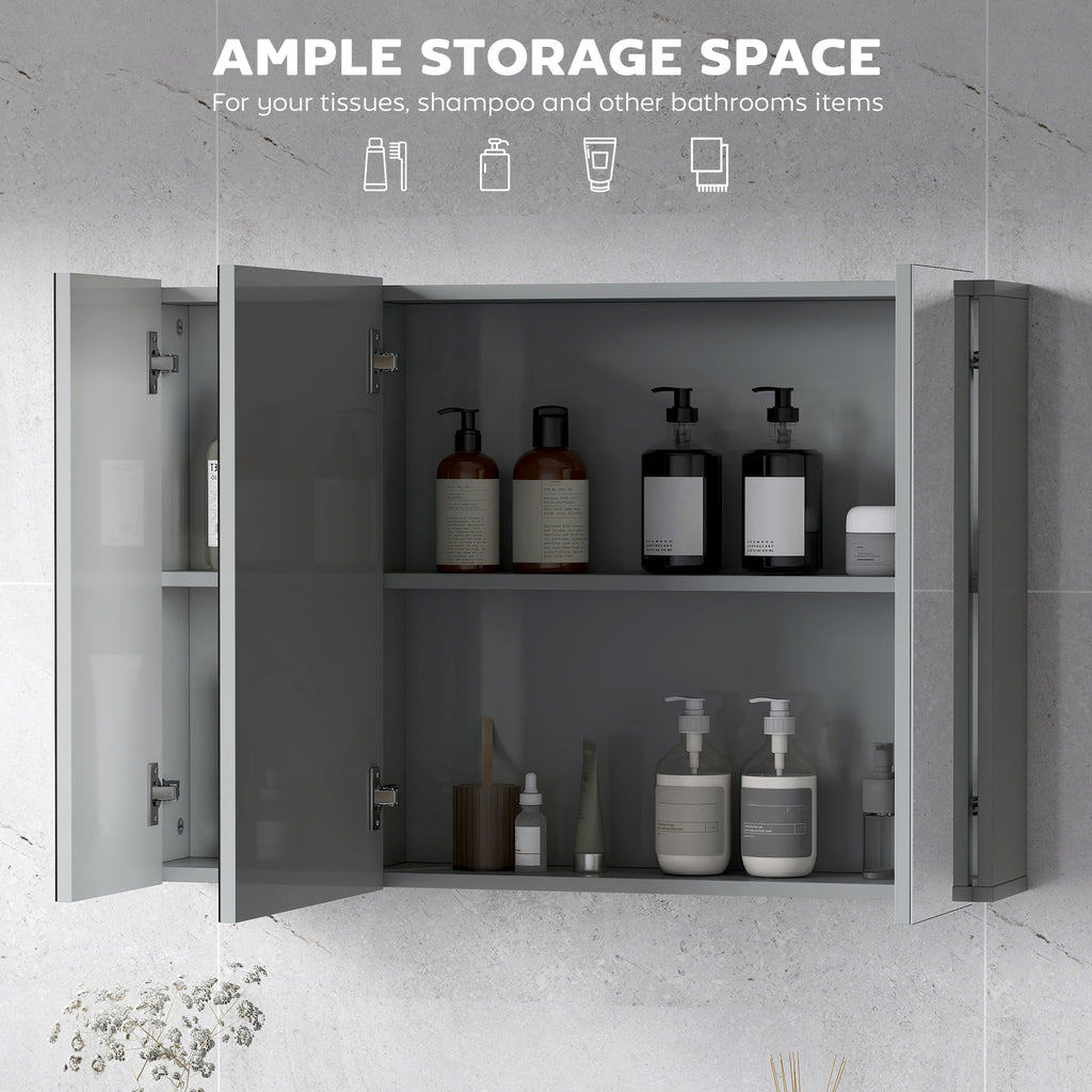 35" x 24" Wall Mounted Mirror Cabinet, Bathroom Medicine Cabinet with Mirror, 3 Doors and Adjustable Shelves, Grey