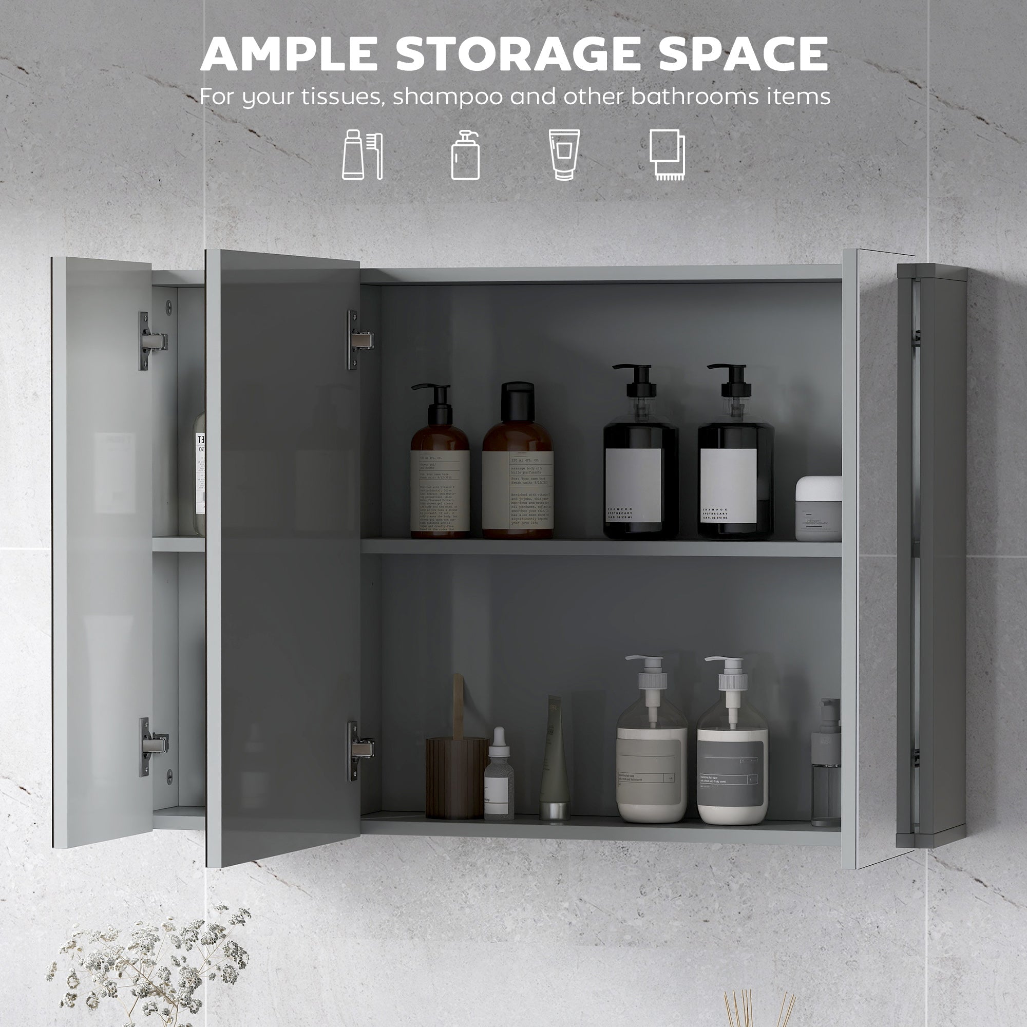 35" x 24" Wall Mounted Mirror Cabinet, Bathroom Medicine Cabinet with Mirror, 3 Doors and Adjustable Shelves, Grey