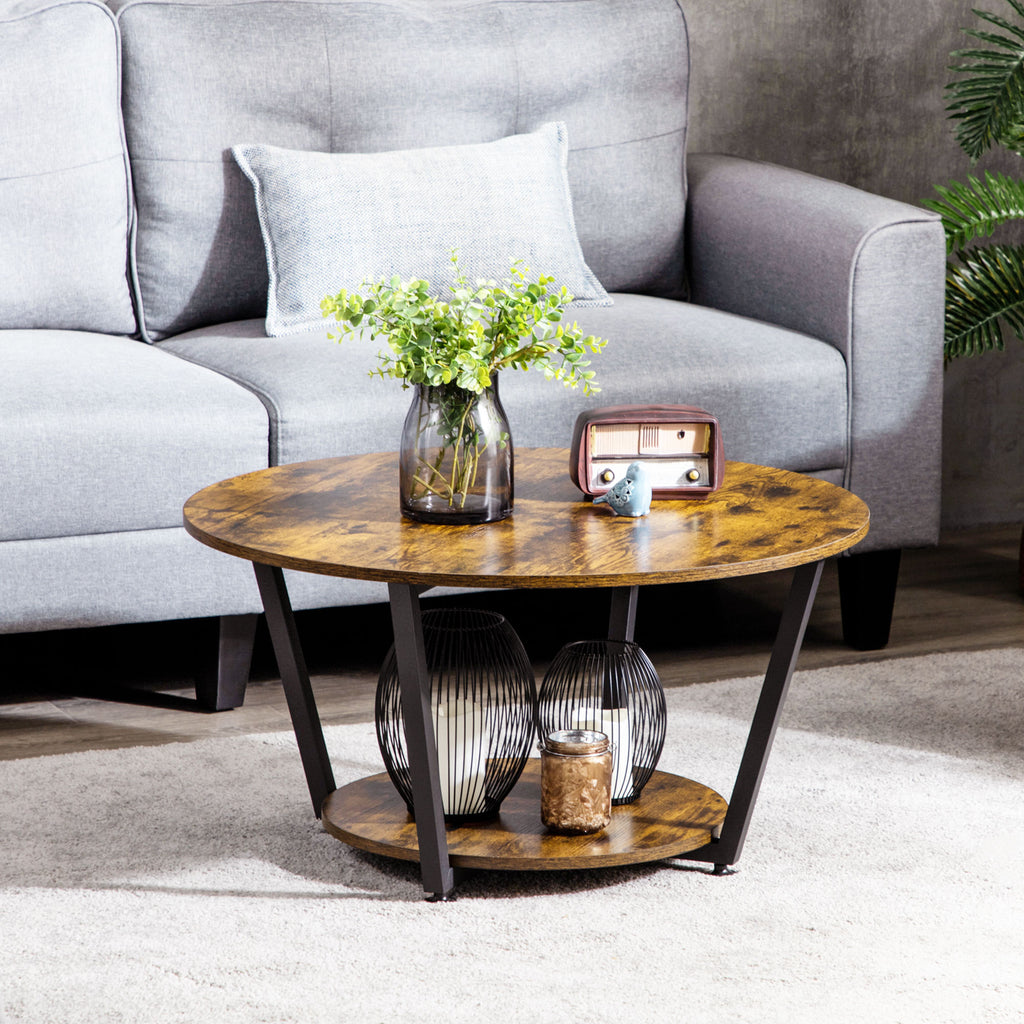 2-Tier Round Coffee Table with Storage Shelf, Industrial Center Table with Steel Frame for Living Room, Rustic Brown