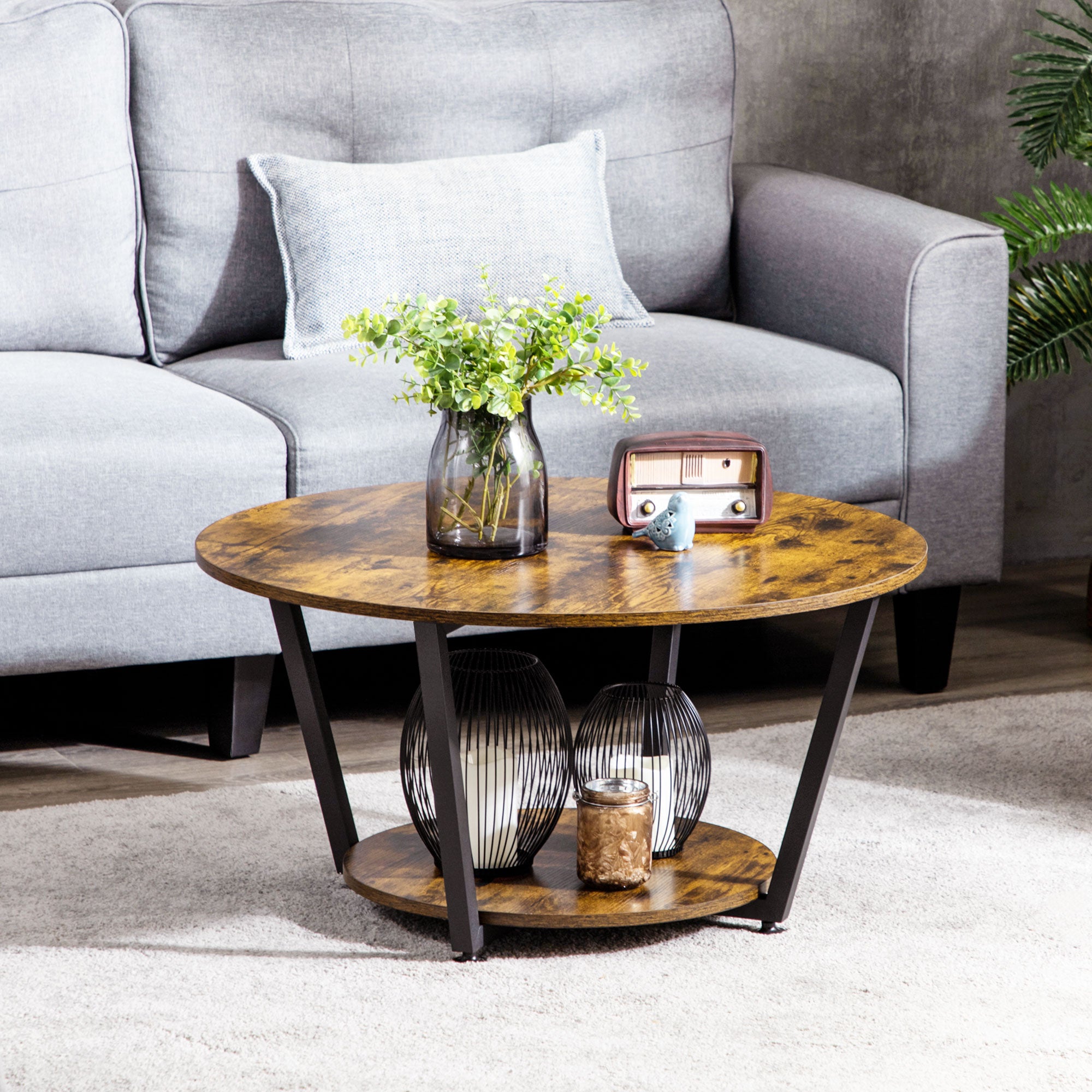2-Tier Round Coffee Table with Storage Shelf, Industrial Center Table with Steel Frame for Living Room, Rustic Brown