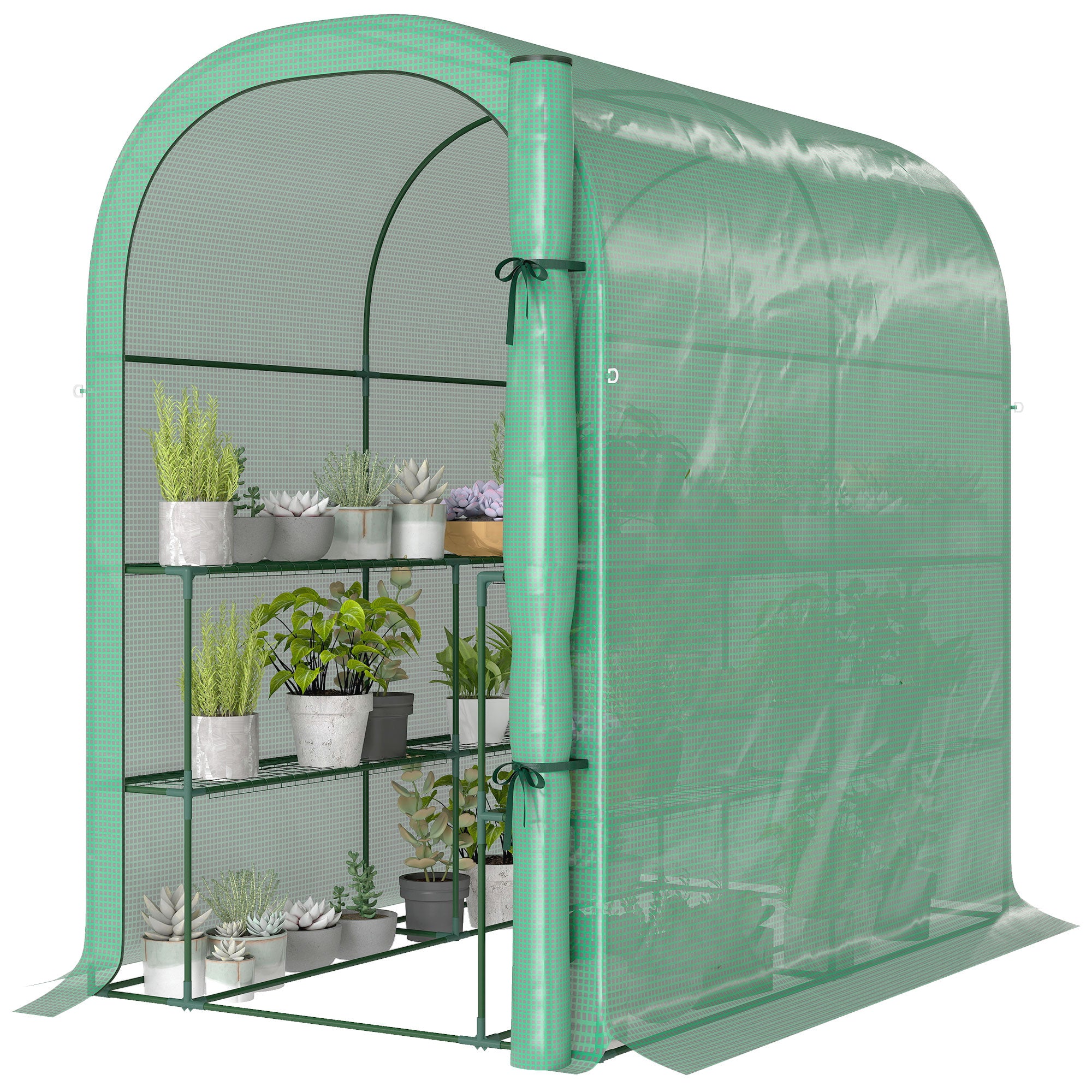 Walk-in Mini Greenhouse with Shelves, Portable Outdoor Greenhouse with Roll-up Door, 123 x 187 x 189 cm, Green