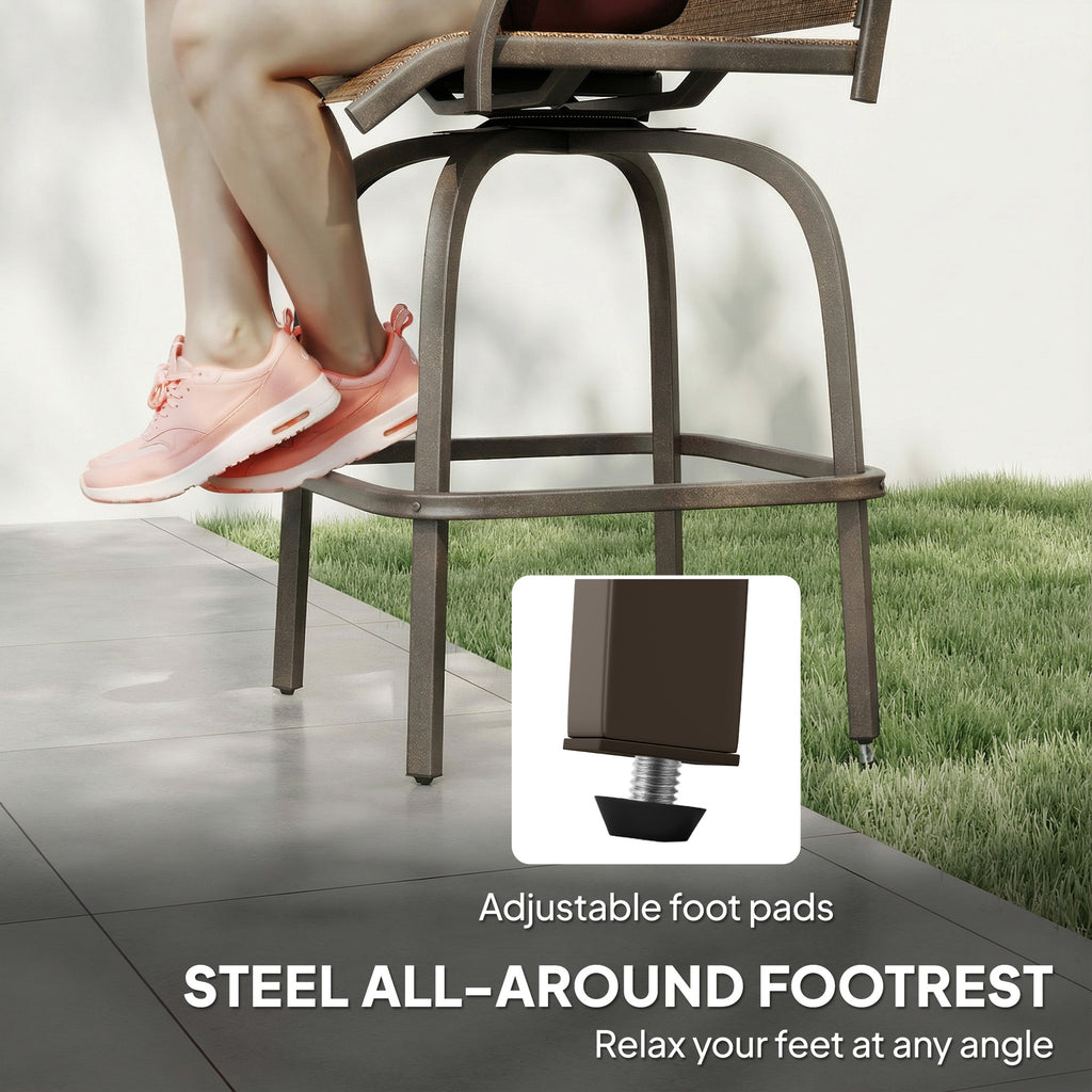 Outdoor Bar Stools Set of 2, Swivel Bar Height Chairs with High Back, Curved Armrests and Steel Frame for Balcony, Brown