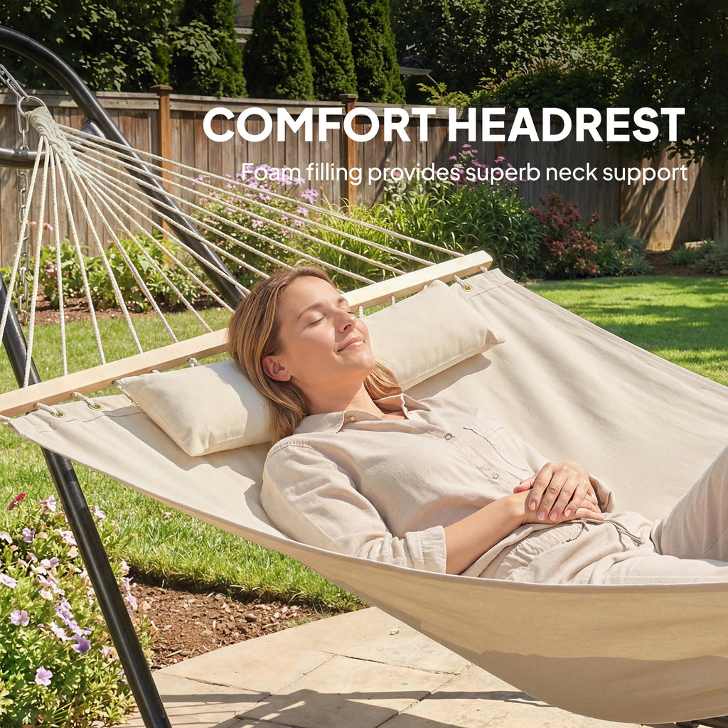 Hammock with Stand, Heavy Duty Camping Hammock with Detachable Pillow and Spreader Bar, 264 lbs Capacity, Cream White