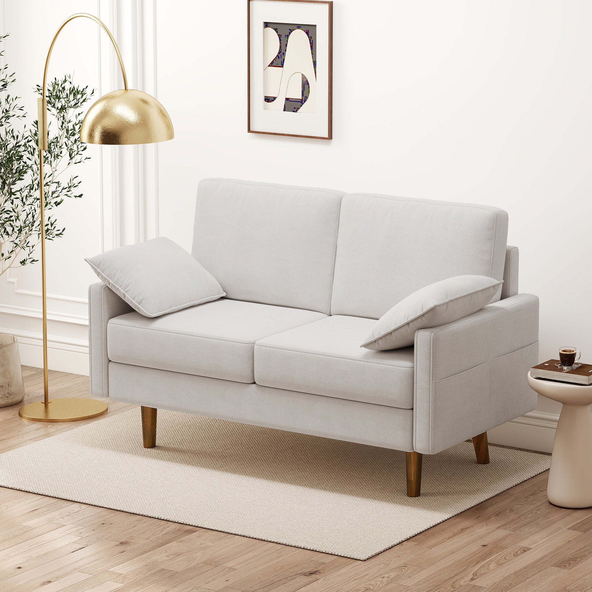 3 Seater Sofa, Velvet Upholstered Couch with Spring Cushions, Rubber Wood Legs and 2 Pillows, Cream White