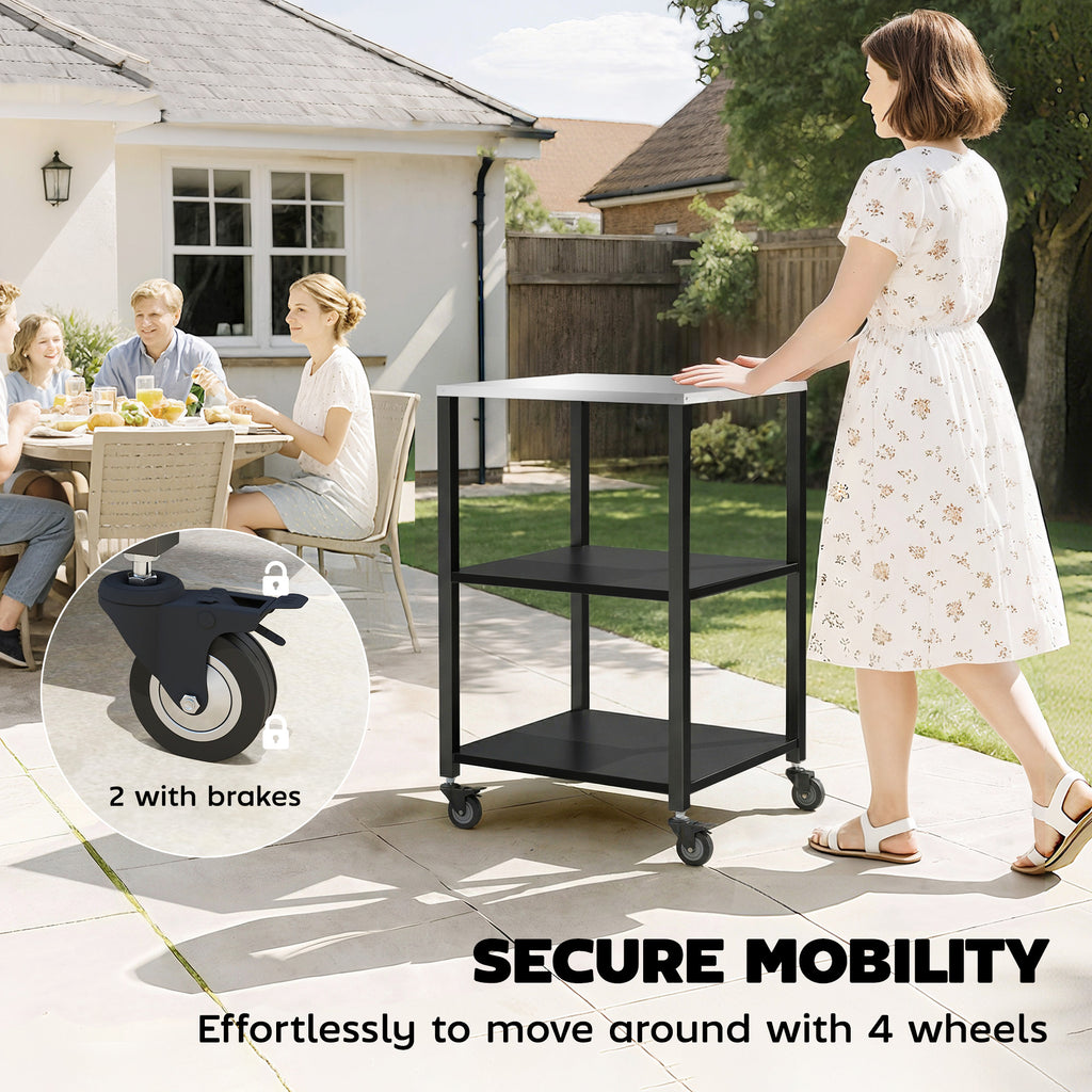 Outdoor Grill Cart, Pizza Oven Stand with Stainless Steel Top, 3-Tier Rolling Kitchen Prep Station with Wheels, Black