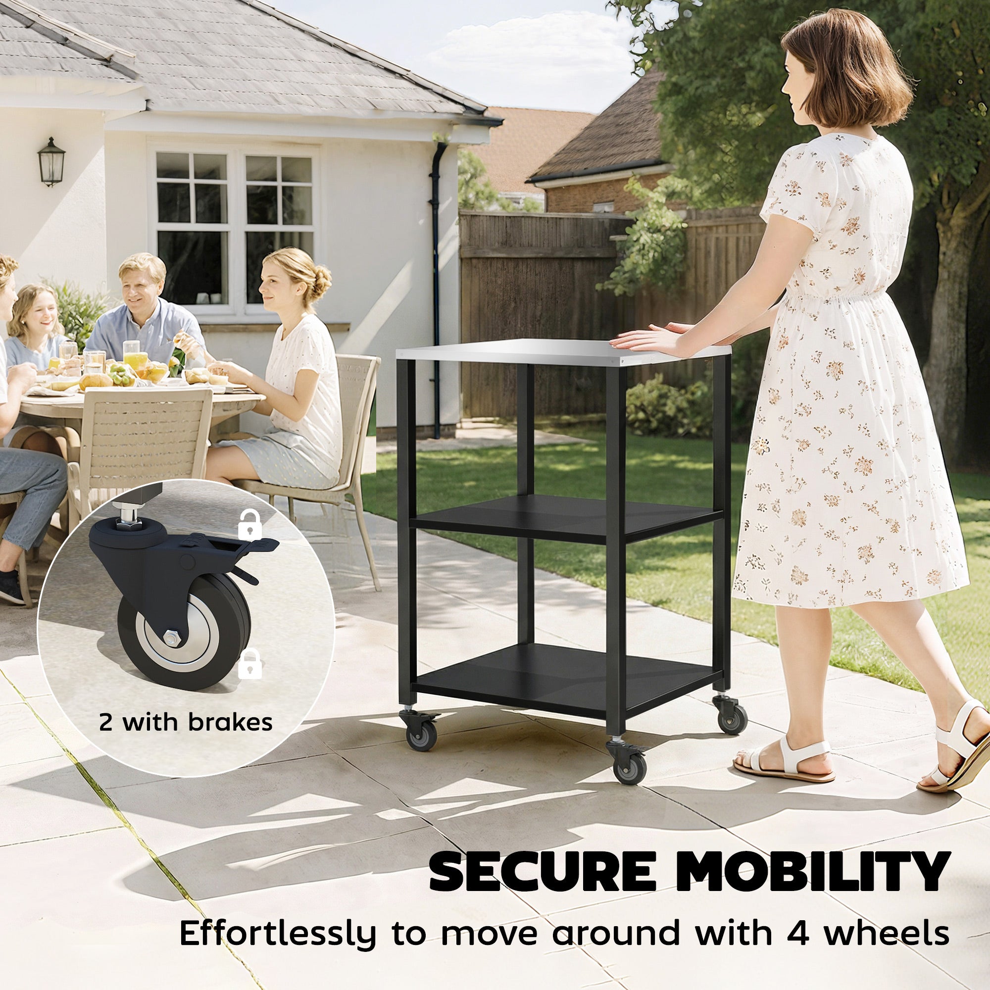 Outdoor Grill Cart, Pizza Oven Stand with Stainless Steel Top, 3-Tier Rolling Kitchen Prep Station with Wheels, Black