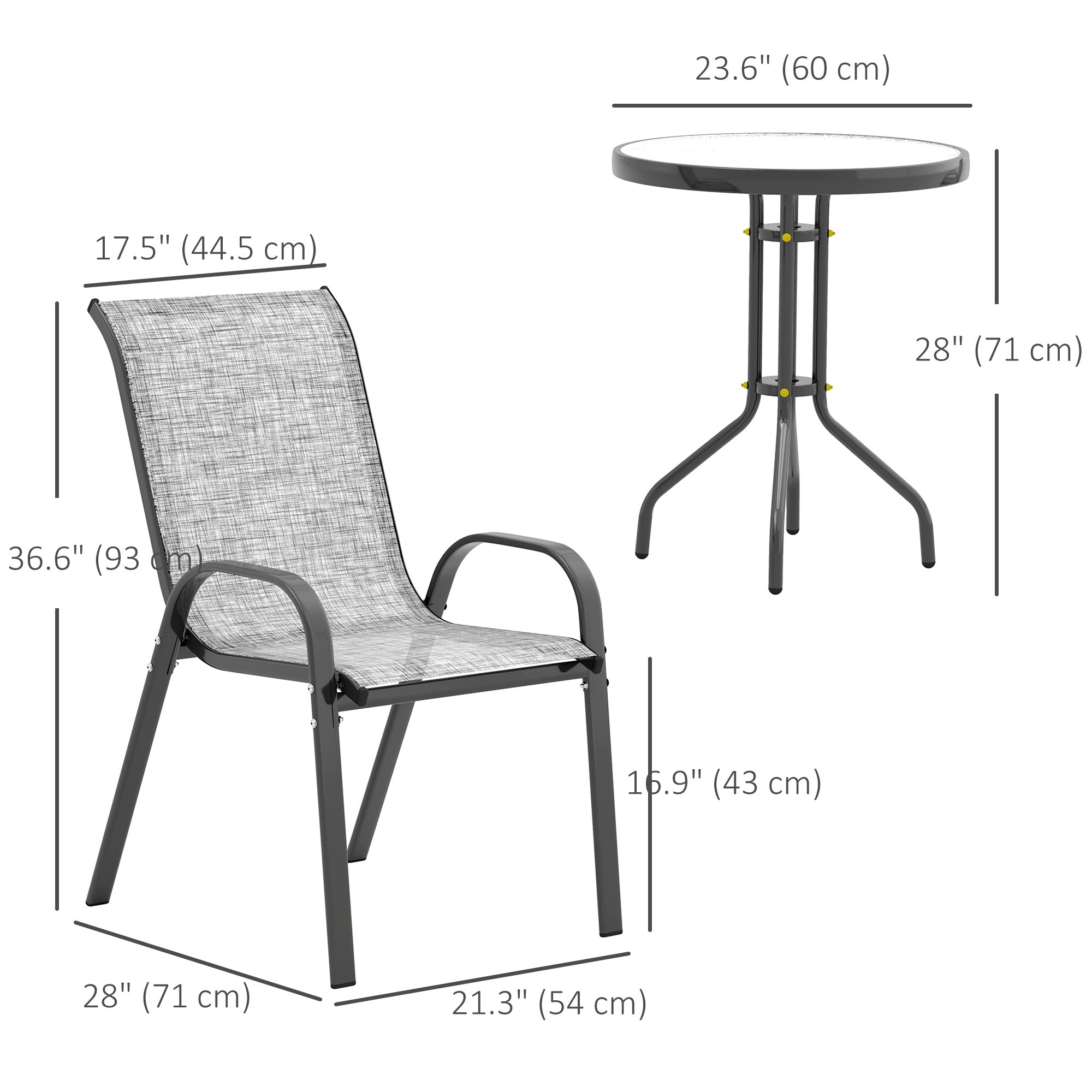 3 Pieces Bistro Set, Small Patio Furniture Set with Stackable Mesh Chairs, Glass Table for Garden, Balcony, Grey